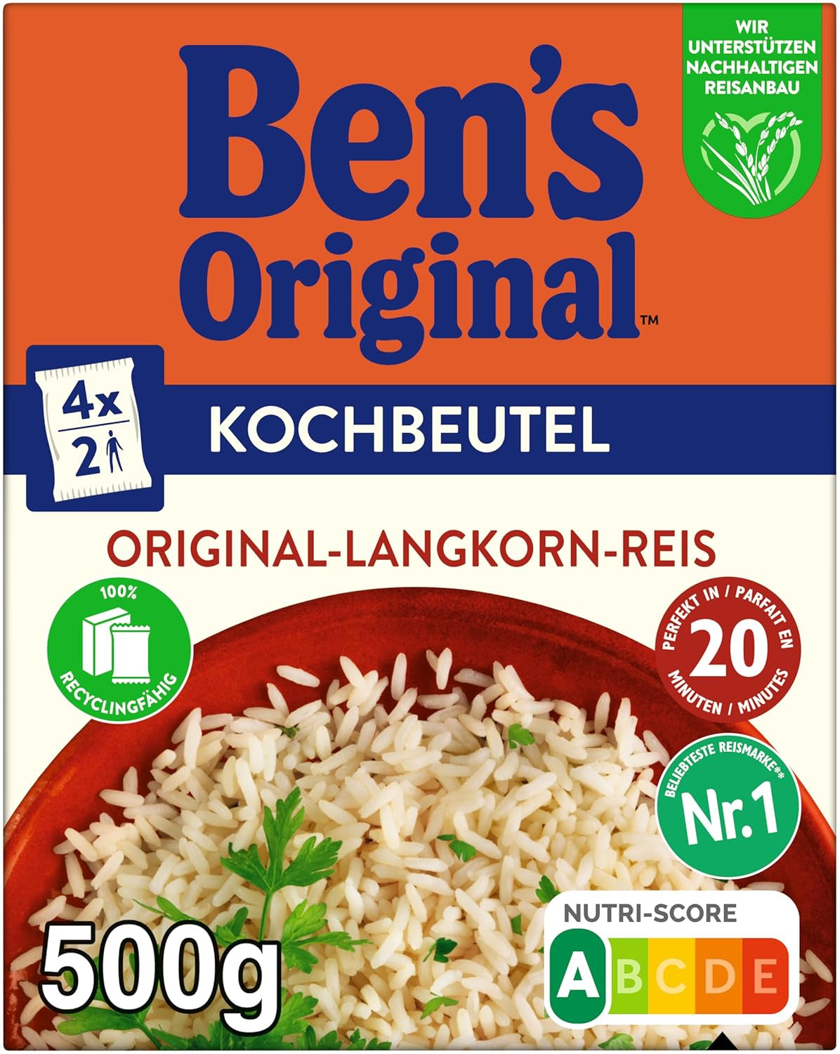 BEN'S ORIGINAL™ långkornigt ris, kokt i påse, 9 x 500 g, 20 minuter