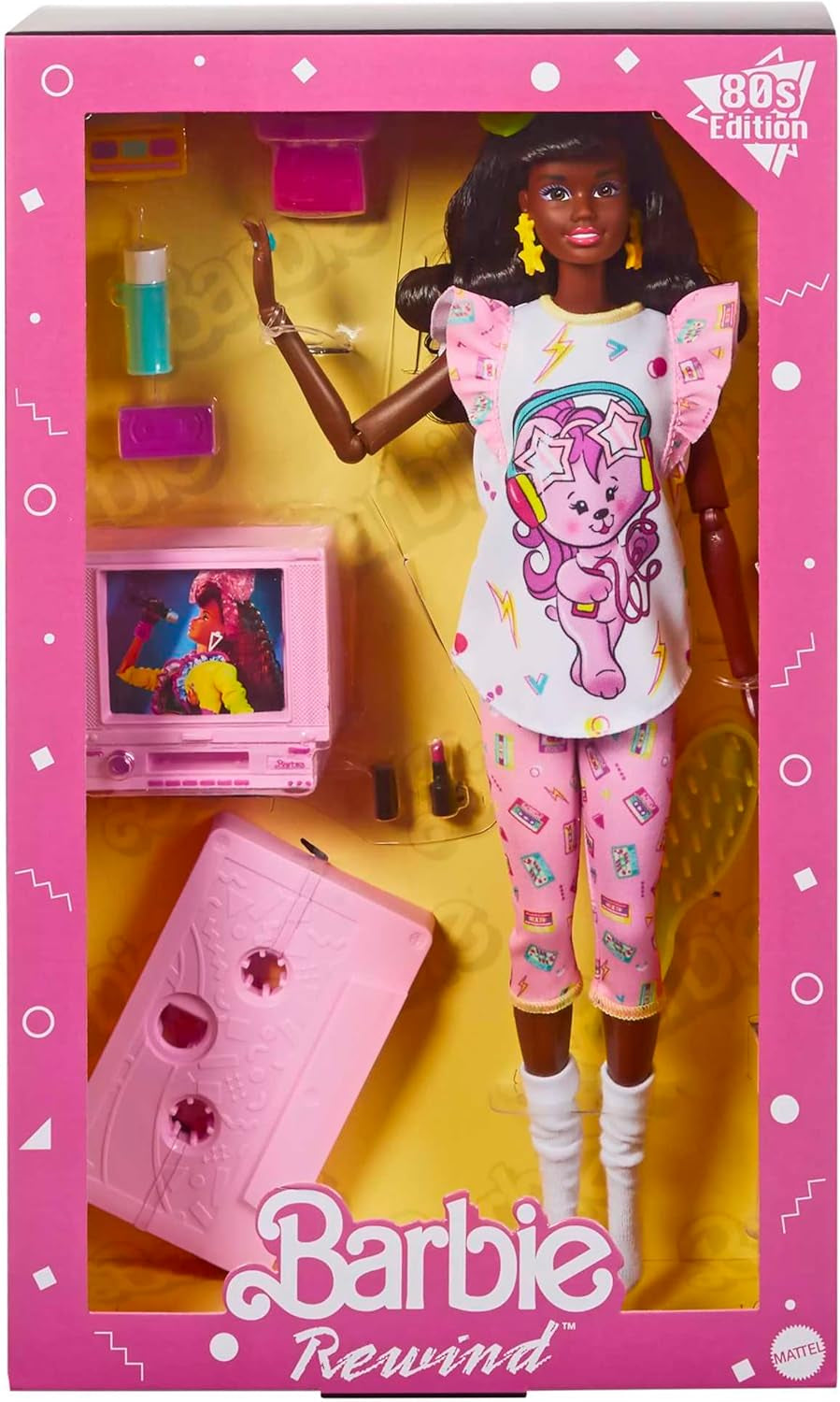 Barbie Rewind - Nostalgisk samlarfigur i 80-talsstil med vackert hår och kläder, inkluderar TV, popcorn och telefon, för fans och samlare, HJX19