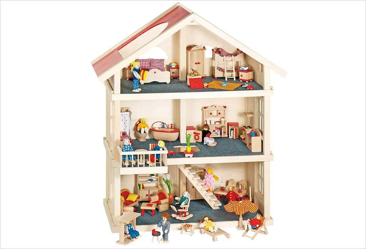 51957 Dockhus i trä, 65 x 35 x 87,5 cm - Stort dockhus i trä, 3 våningar, öppen design, rött tak, trappor och balkong för kreativt rollspel, dockhuslekvärld
