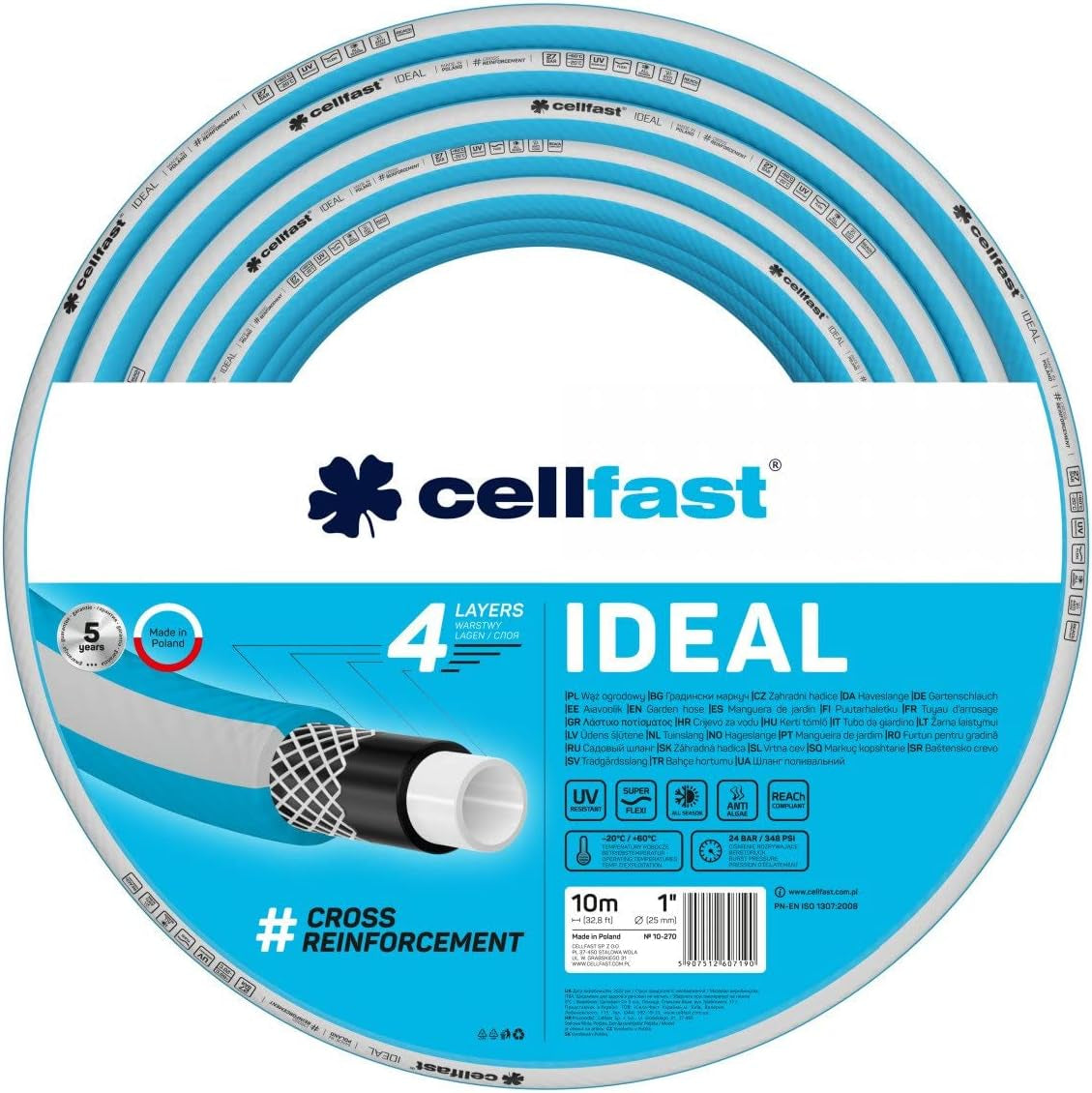 Trädgårdsslang Cellfast IDEAL, Slitstark, Flexibel, 4 lager, Slitstark korsfläta, UV- och algbeständig, REACH-teknik, 27 bar, -20/+60° kortsiktig 1", 10m