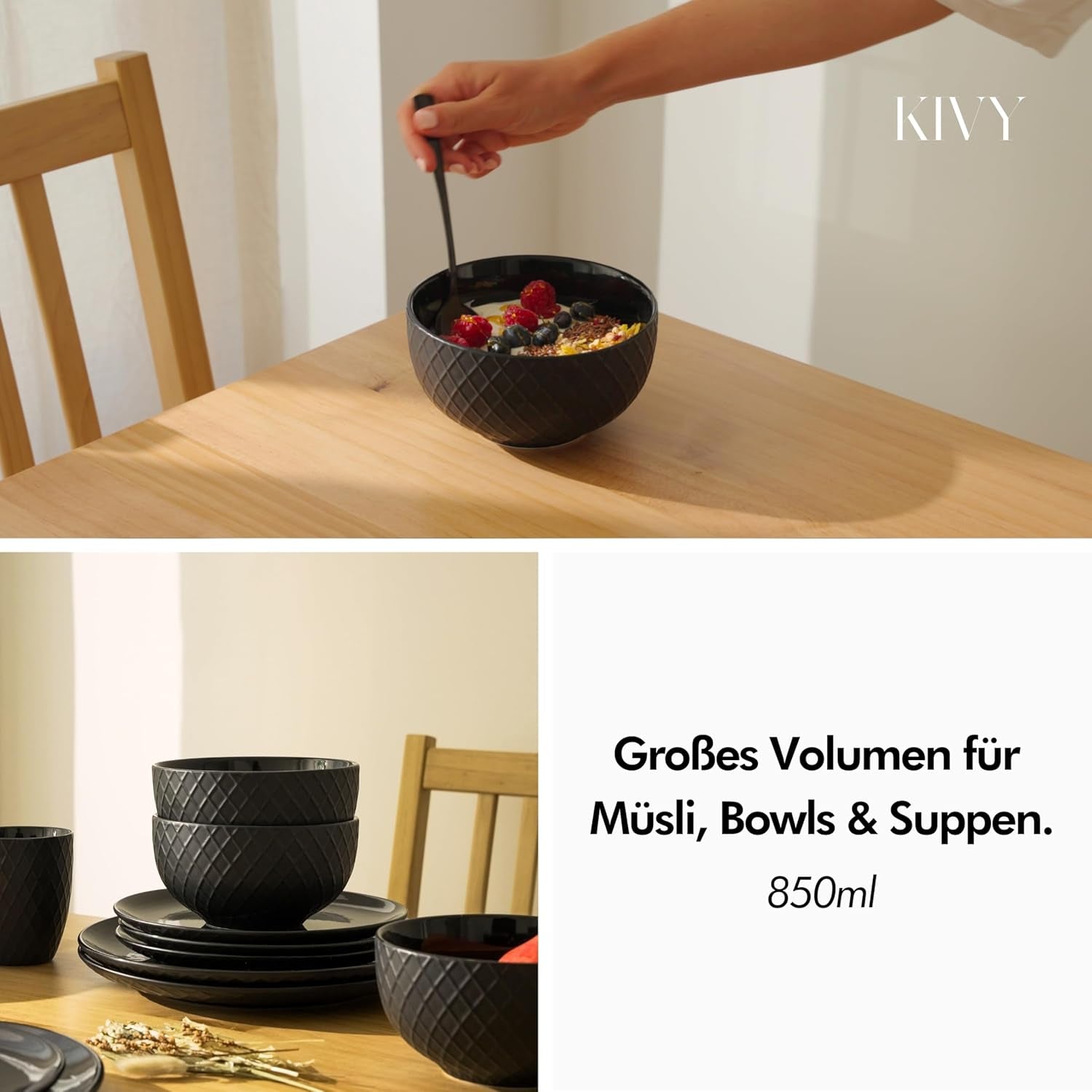 KIVY spannmålsskålar - 6 x 850 ml - Stora sopp- och grötskålar - Soppskål - Skål - spannmålsskålar - Soppskålar - Skålar - Keramisk flingeskål (gräddvit, skålar)