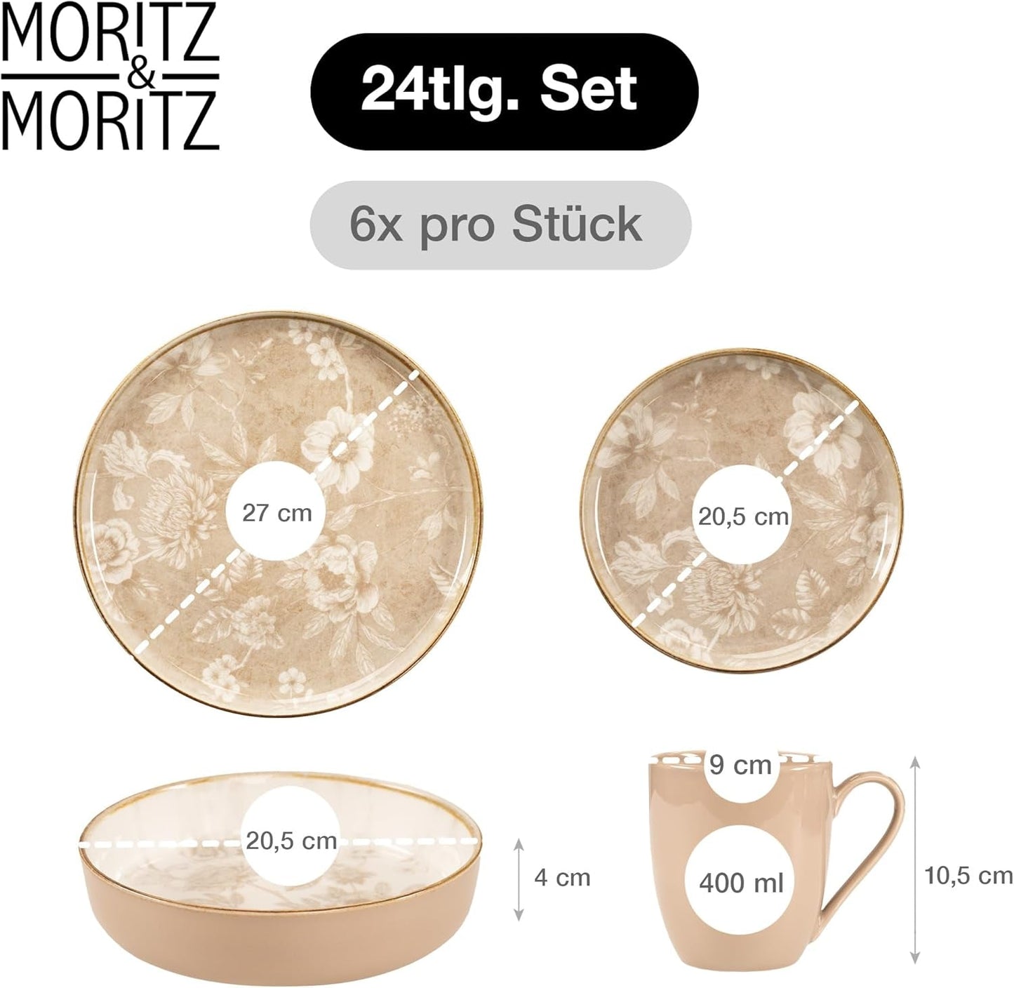 Moritz & Moritz MARIELLA 6-personers servisset i stengods i 24 delar - Modern beige servis med lekfull design, lättskött kaffeservering med tallrikar, skålar och koppar - Kombinationsset