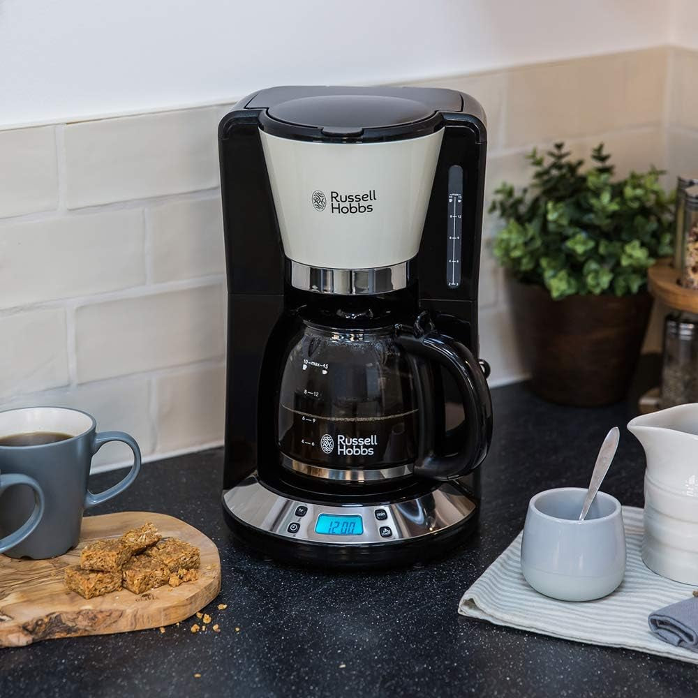 Russell Hobbs kaffebryggare [Digital timer, duschhuvud för optimal extraktion och arom] Färger+ Kräm (1 till 10 koppar, 1,25 L glaskaraff, värmeplatta, 1100W) Filterkaffebryggare 24033-56