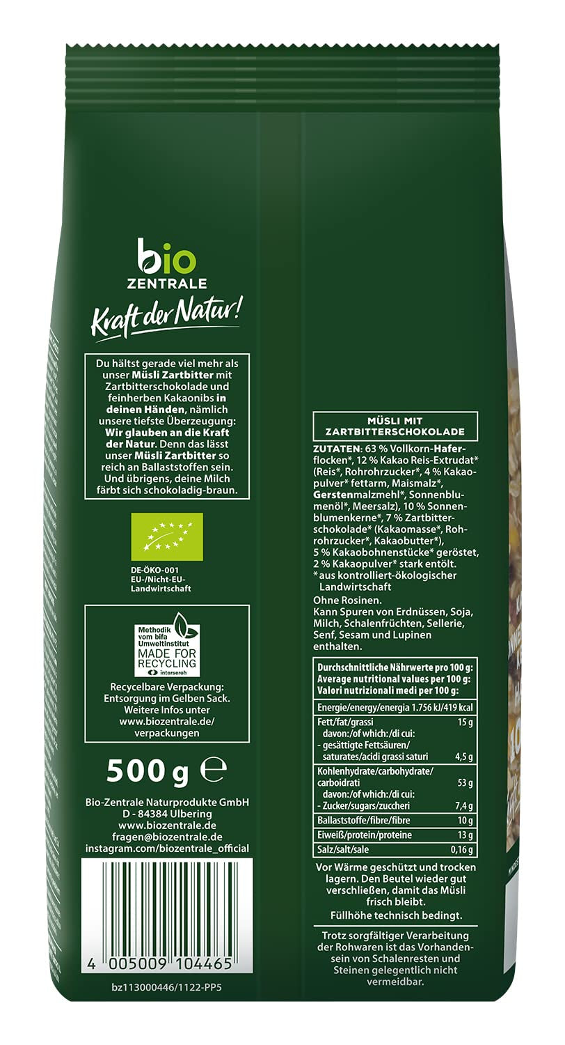 Biocentral müsli med mörk choklad | 500g Ekologisk Vegan | Perfekt för frukost och din kopp takeaway-müsli | Alternativ till müslibars