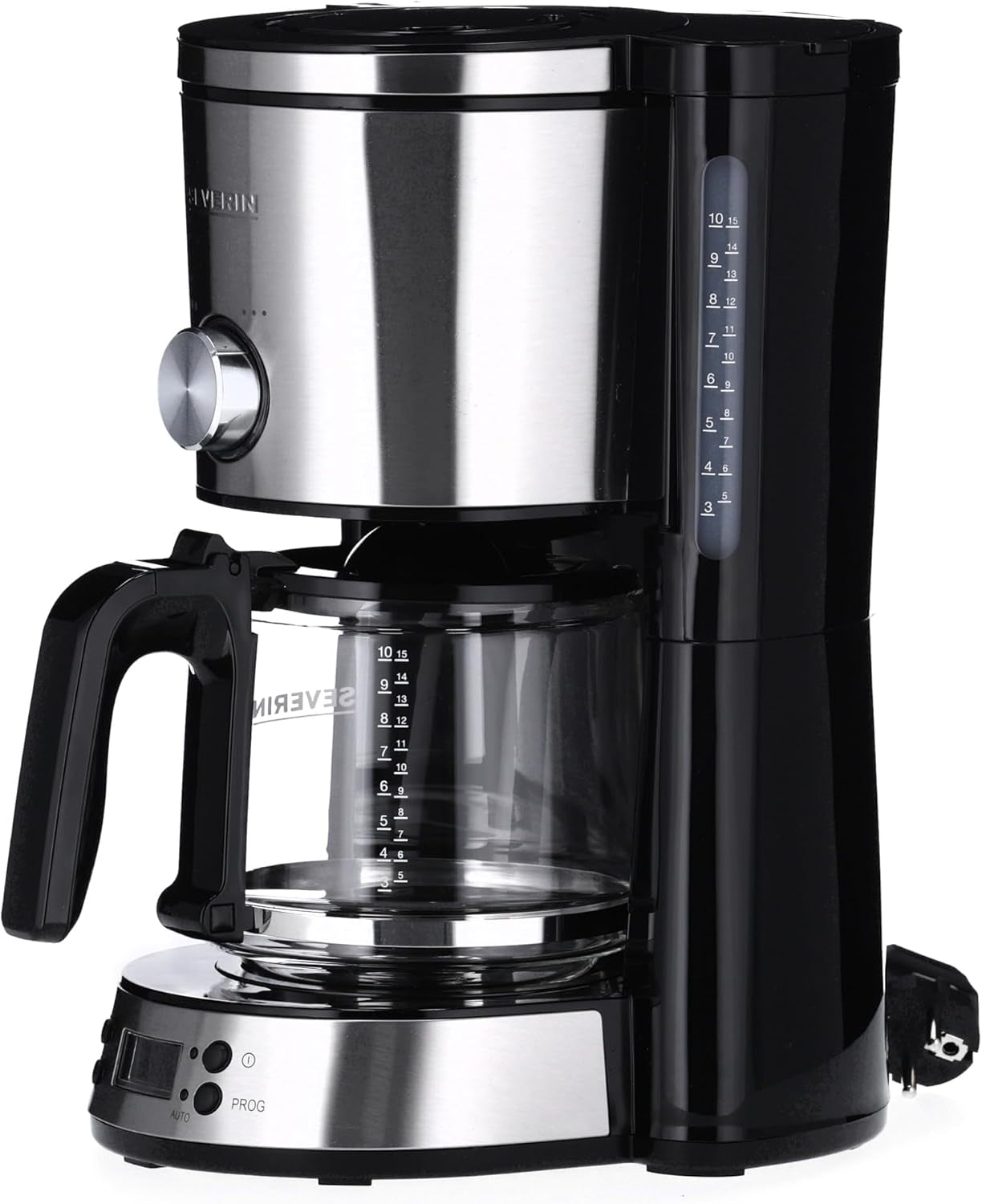 SEVERIN "TypeSwitch" espressomaskin med glaskaraff och timer, AromaSwitch för att välja 2 bryggalternativ, digital klocka med timerfunktion, för upp till 10 koppar, 1000W, borstat rostfritt stål-svart, KA 4826