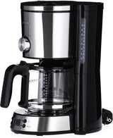 SEVERIN "TypeSwitch" espressomaskin med glaskaraff och timer, AromaSwitch för att välja 2 bryggalternativ, digital klocka med timerfunktion, för upp till 10 koppar, 1000W, borstat rostfritt stål-svart, KA 4826