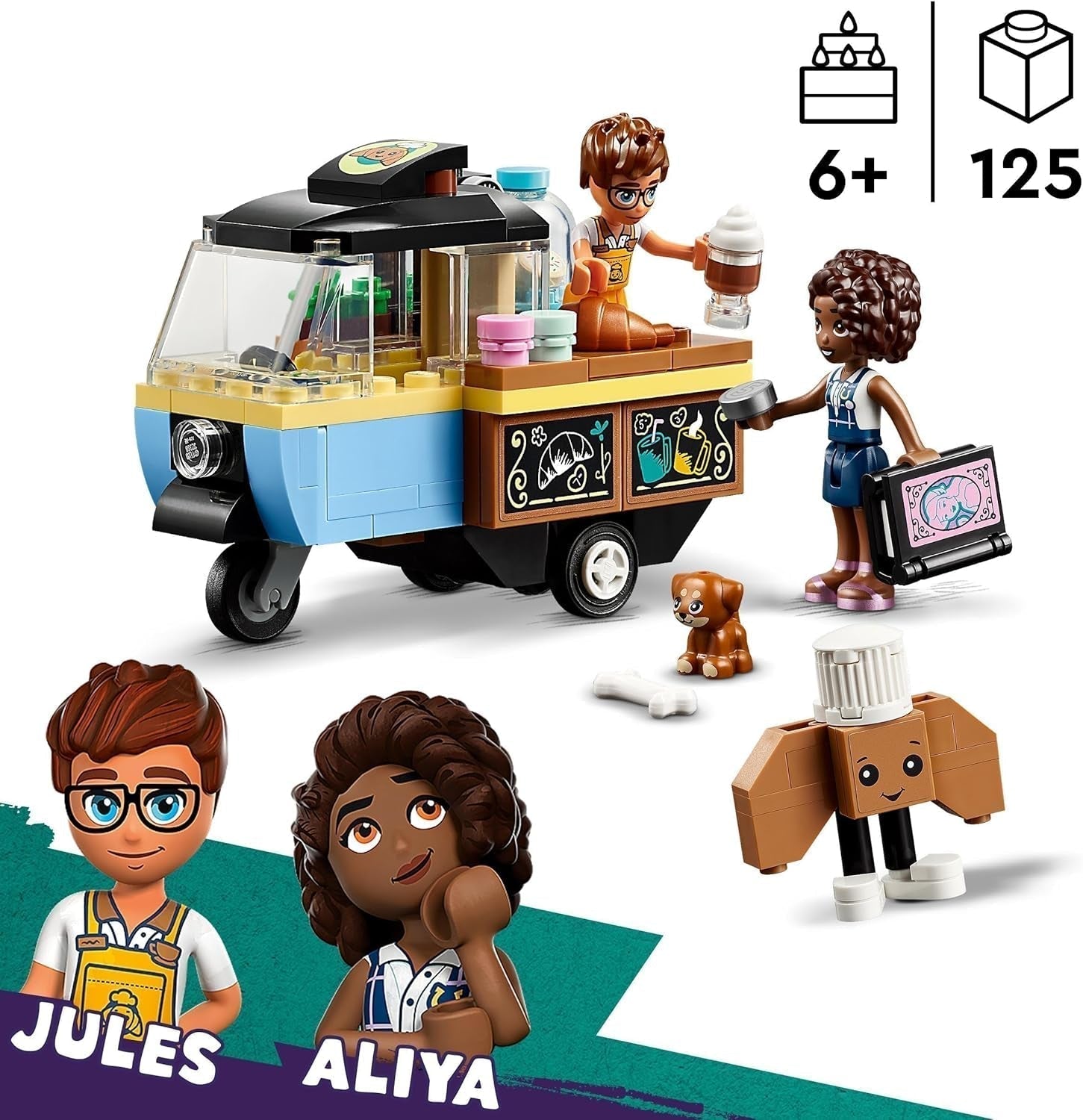 LEGO Friends Rolling Café Liten bakleksak för barn, present till flickor och pojkar 6 år, pedagogisk leksak med Aliya, Jules och Aira the Dog 42606 Byggset Beuche den LEGO-Store
