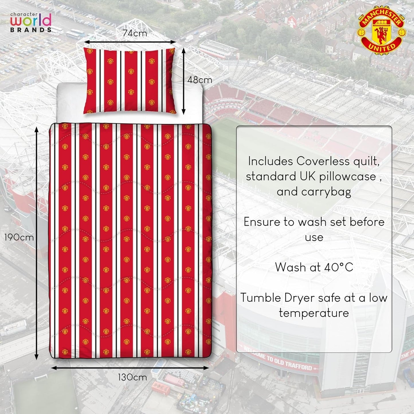 Manchester United FC officiellt enkeltäcke, vändbart, rött och vitt, utan överdrag, fotbollstäcke, örngott, tvättbart, perfekt för resor, övernattning, 10,5 Tog täcken och täcken Naty Shop