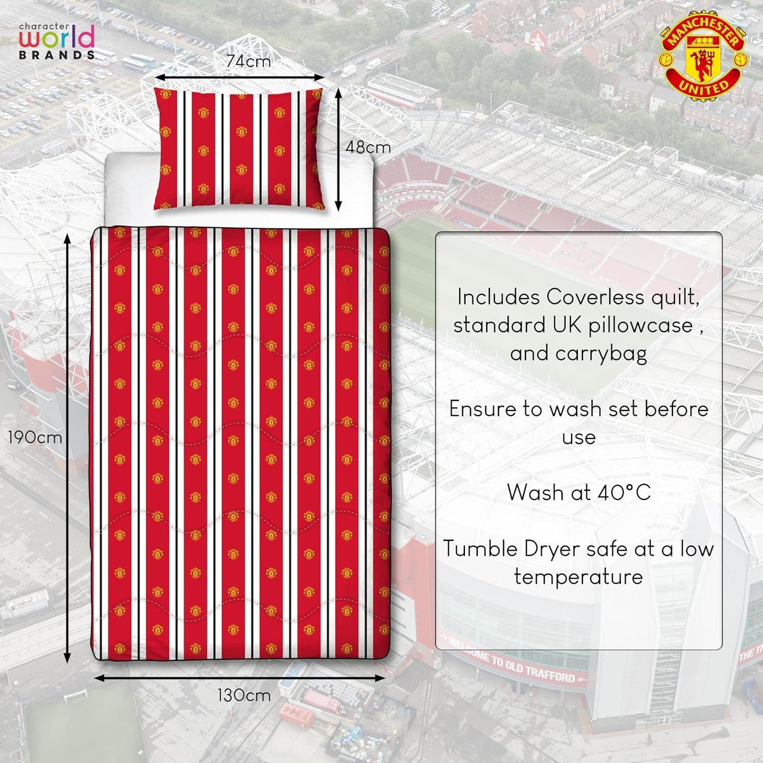 Manchester United FC officiellt enkeltäcke, vändbart, rött och vitt, utan överdrag, fotbollstäcke, örngott, tvättbart, perfekt för resor, övernattning, 10,5 Tog täcken och täcken Naty Shop