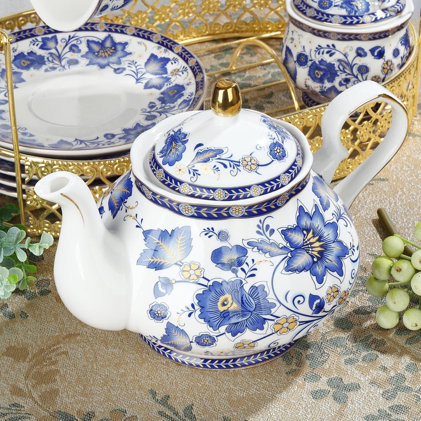 Fanquare Blue Flower Porslin teservis med metallställ Vintage porslin kaffekopp och fat Engelsk kaffeservis för vuxna