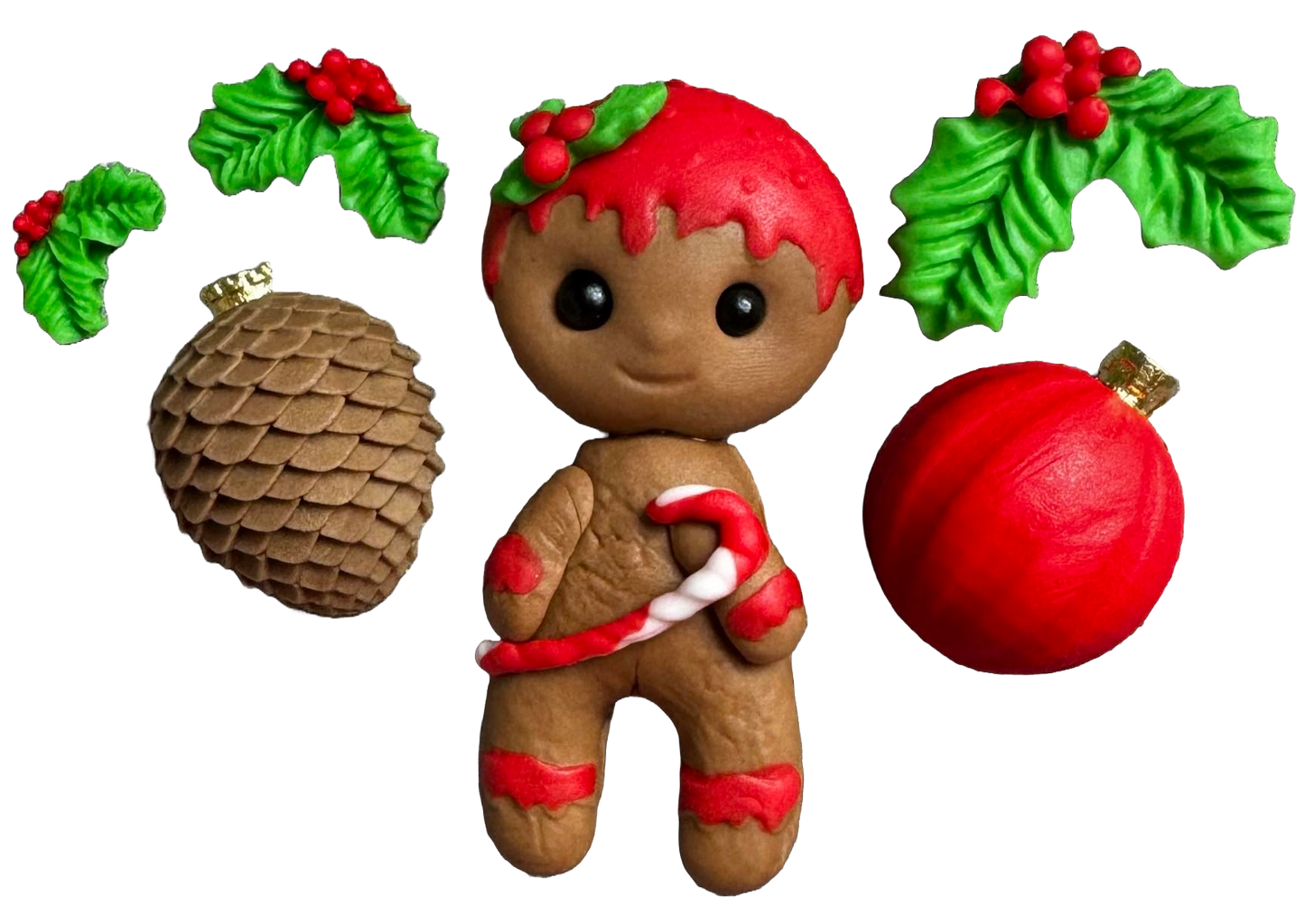 Set med 6 ätbara dekorationer från sugarpaste, jul, pepparkaksgubbe och dekorationer Dekorationer från Sugar Paste Naty Shop