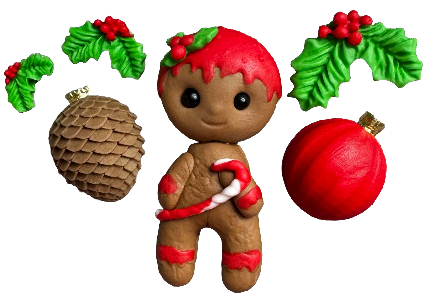 Set med 6 ätbara dekorationer från sugarpaste, jul, pepparkaksgubbe och dekorationer Dekorationer från Sugar Paste Naty Shop