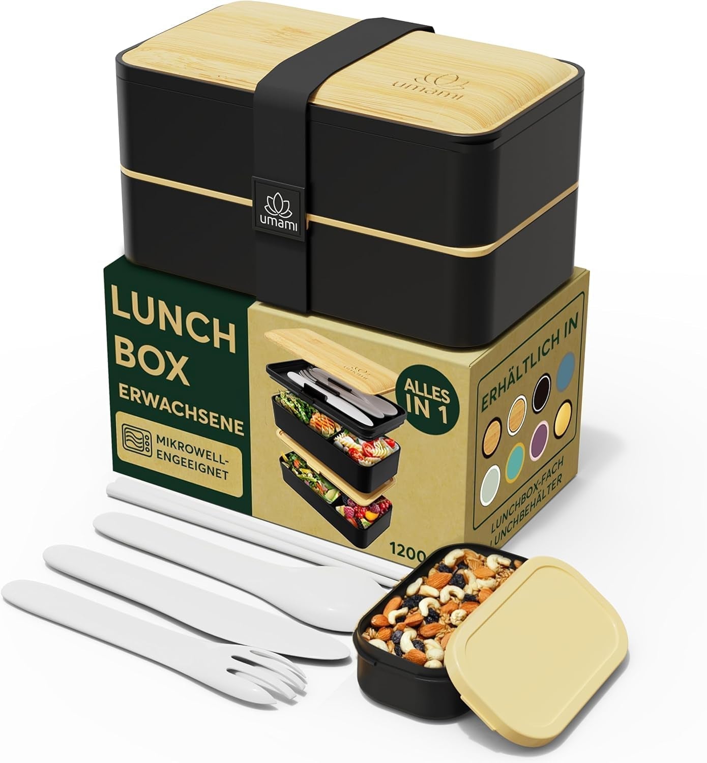 Umami Lunchbox för vuxna, Stapelbar Bento-låda med 4 bestick och fack, Vuxen Lunchbox, To-go-salladsbehållare, Picknick-/kontorslunchlåda, Kolgrå, 1500ml Naty Shop Matförvaringslådor Svart Beige L - 1200 Ml