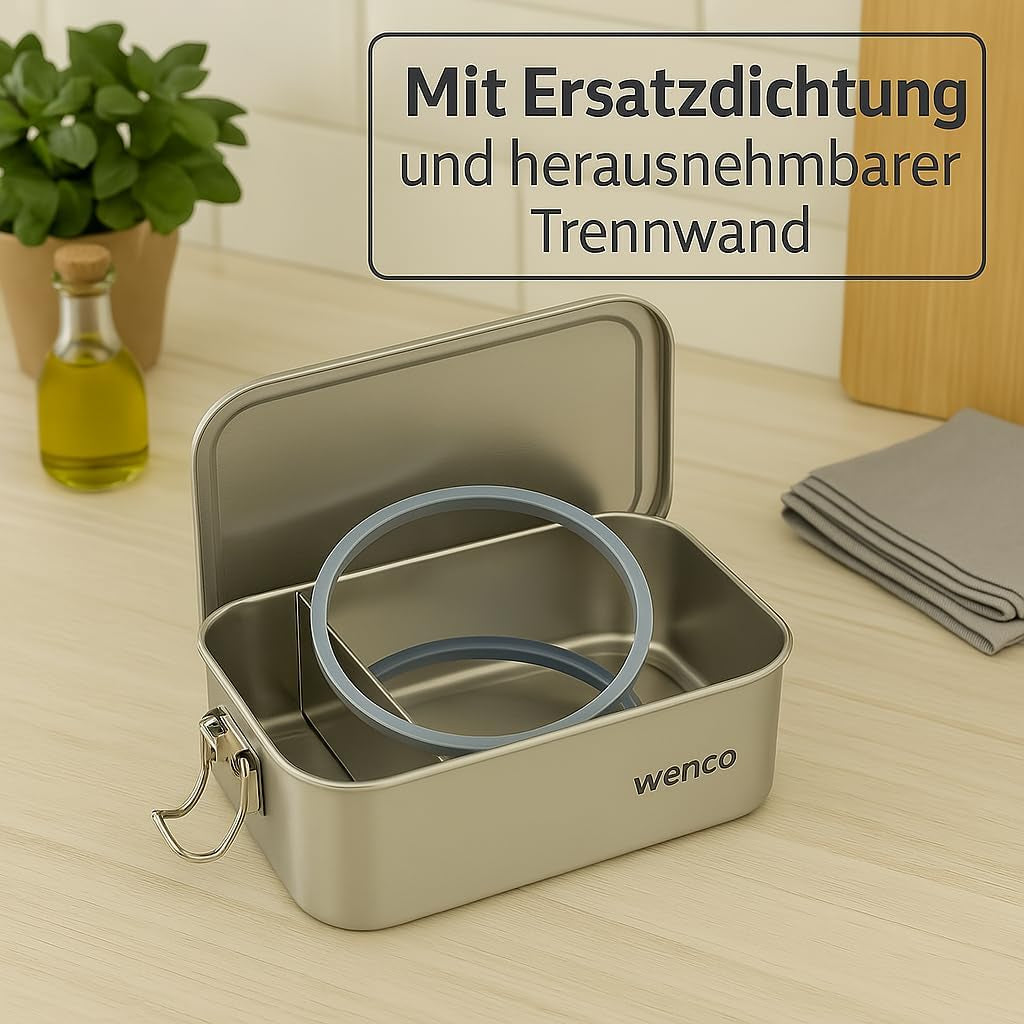 Wenco Lunchbox i rostfritt stål 2 fack Stor kapacitet 850ml Lunchbox Vattentät Diskmaskin Säker inklusive ersättningssilikonring 18,5 x 14 x 5,5 cm Silver (2-pack) Matförvaringslådor Naty Shop