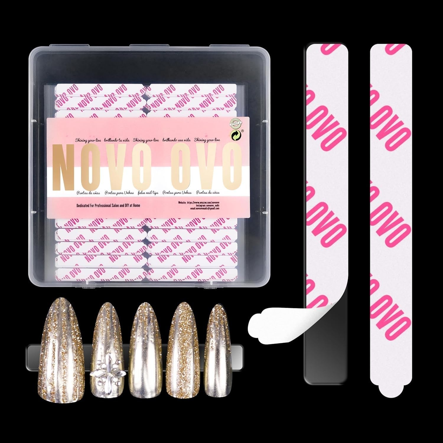 NOVO OVO 360 st Lätt att riva av Tryck på nageldisplay självhäftande ark Klart dubbelsidigt nagelkonstfäste/förpackning/förvaring/övning/tillbehör, 30 st x 12 ark