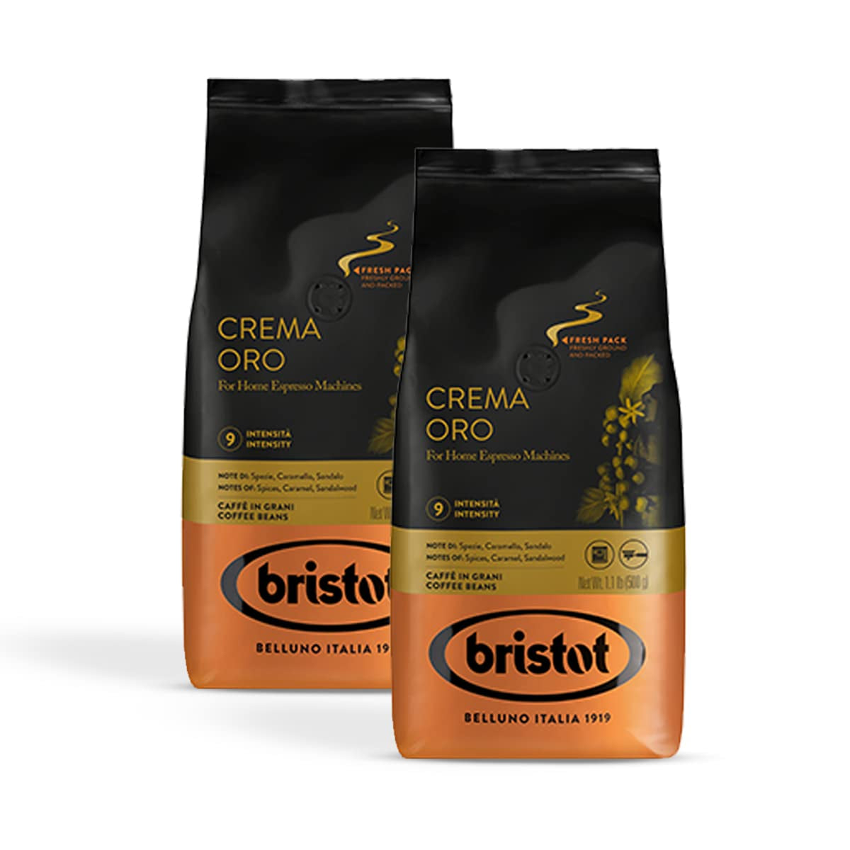 Bristot, Kaffeebohnen CREMA ORO – Totalt 1 kg – Mischung mit intensivem Aroma, süßem Geschmack, Gewürzen, Caramel, Sandelholznoten – Set med 2 pro 500 g