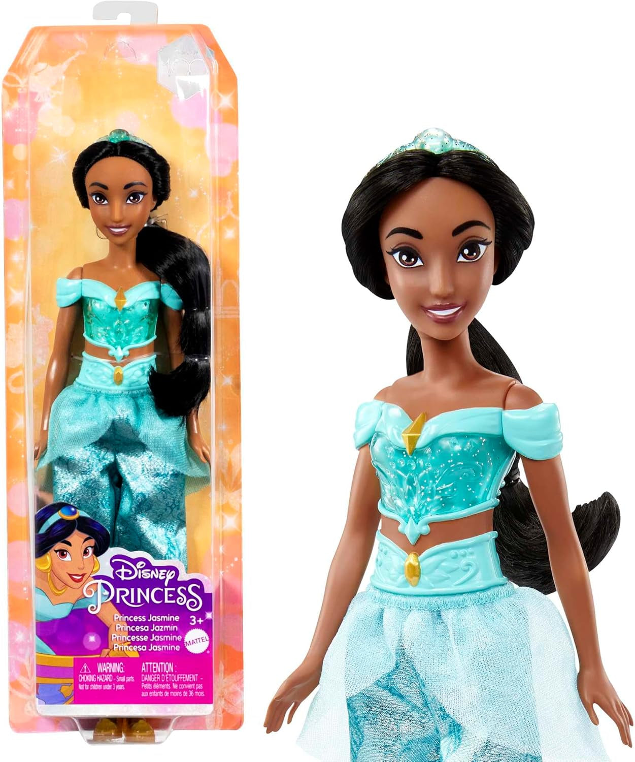 Mattel Disney Princess Toy Jasmine Mode rörlig docka med gnistrande kläder och tillbehör Disney film inspirerad present för barn HLW12 Naty Shop Dolls Multicolor