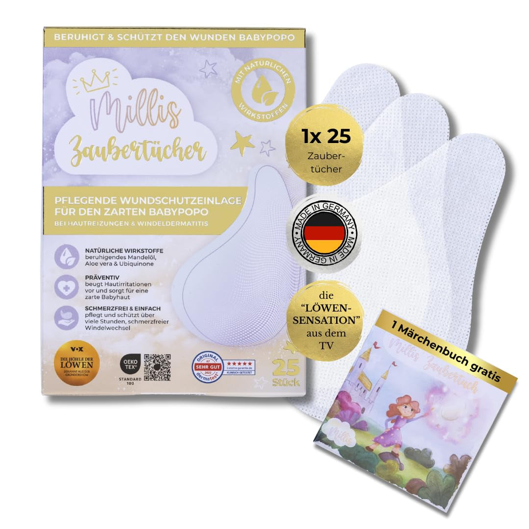 Millis Zaubertücher vid Windeldermatitis Baby, Bekannt aus "Die Höhle der Löwen", 25 Tücher (1 x 25er) mit Aloe Vera, Mandelöl & Q10 - Pflegt, Schützt & dient als Wundschutz bei gereizter Haut