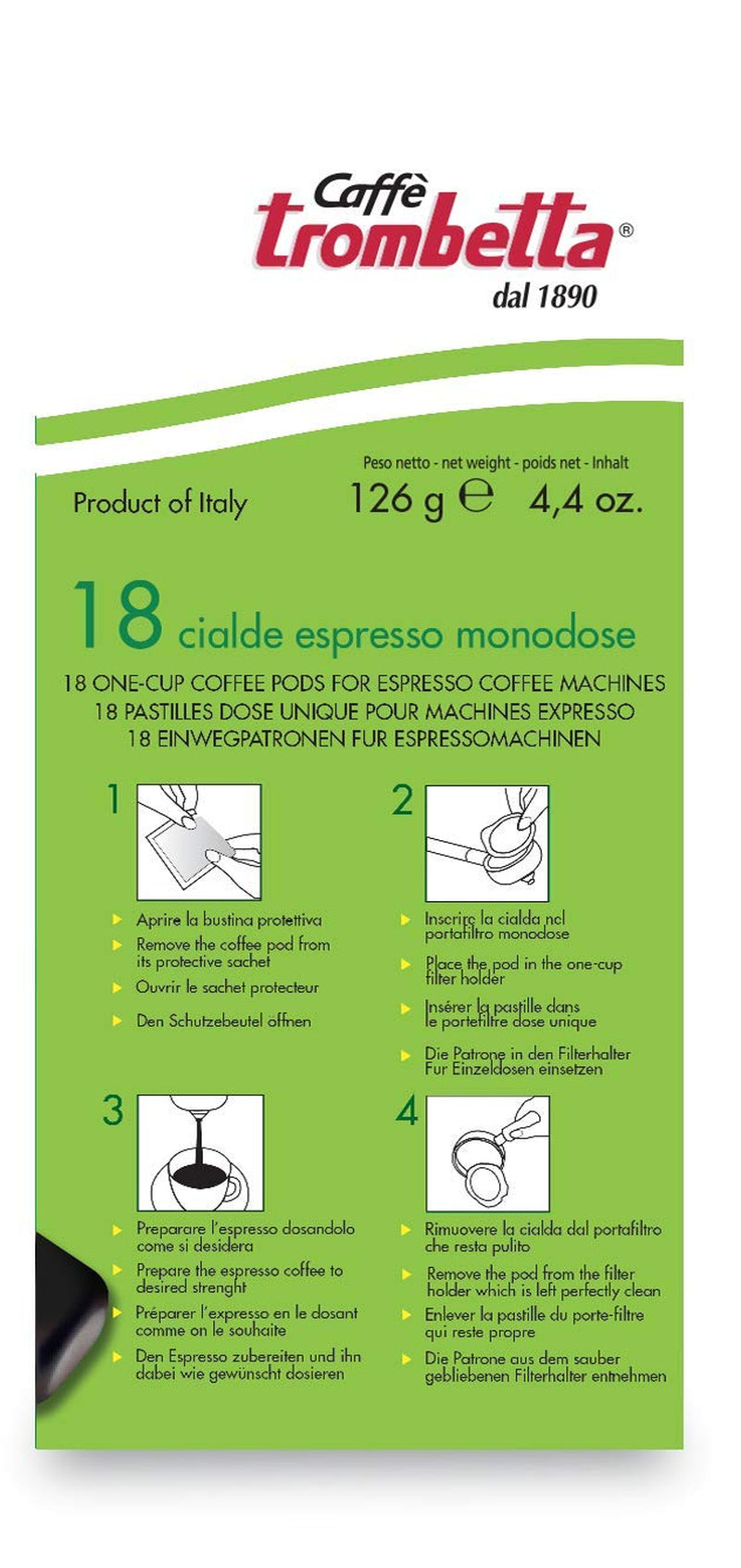 Caffè Trombetta ESE Kaffeepads, Italien Kaffee, Richhaltiges Aroma och samtiger Gesmack Biologisch - 1 Packungen zu je 18 Kaffeepads