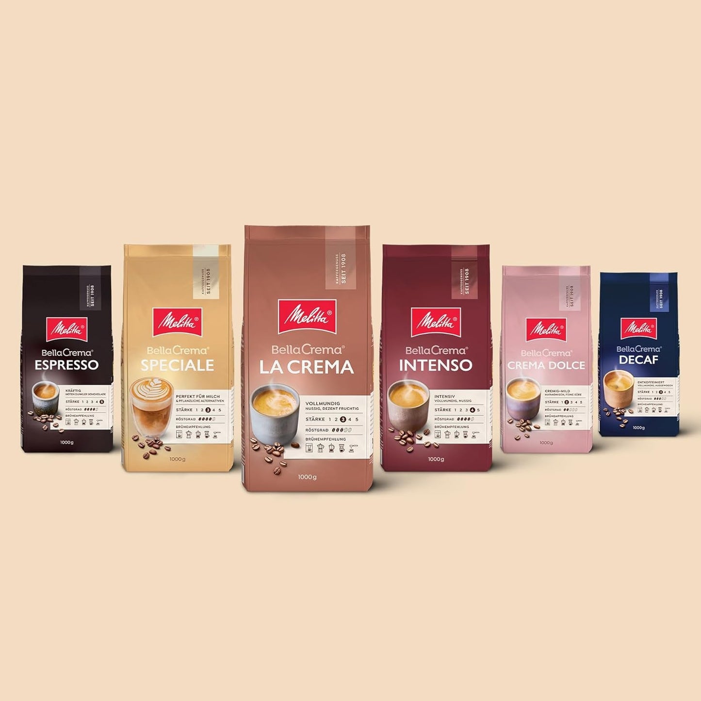 Melitta BellaCrema Crema Dolce kaffebönor 1 kg, omalda, kaffebönor för helautomatiska kaffemaskiner, lätt rostade, rostade i Tyskland, intensitet 2