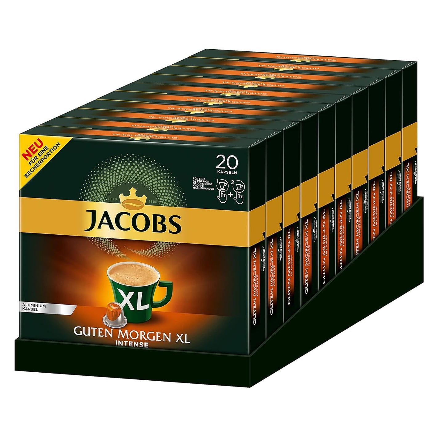 Jacobs Kaffeekapseln Guten Morgen XL Intense - 10er Pack (10 x 20 Getränke) & Kaffeekapseln Lungo Classico, Intensität 6 av 12, 20 Nespresso®* kompatibel Kapseln, 10 x 20 Getränke