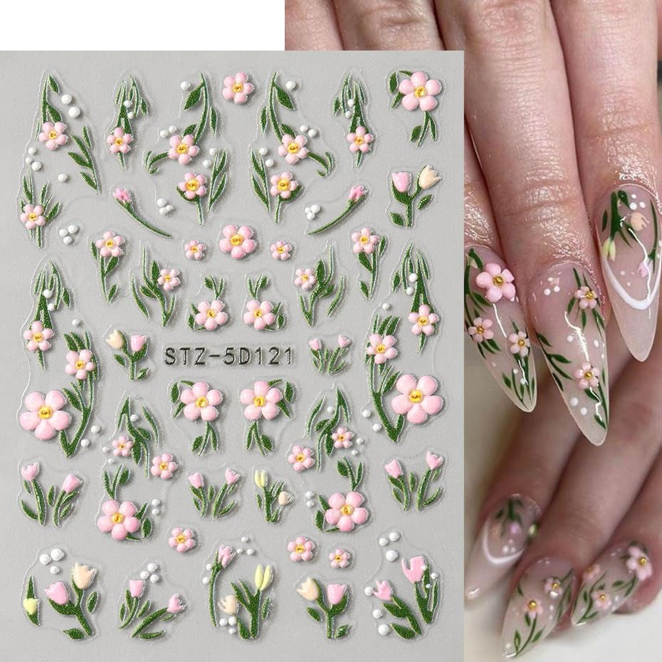 JMEOWIO 3D Nagelsticker Blumen Frucht Nail Art Sticker Selbstklebend Nagelaufkleber 5D Stereoskopisk Dekoration Nageldesign Zubehör 4 Blatt