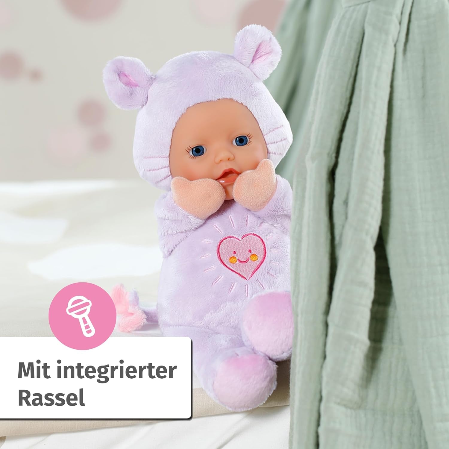 Baby Born for Babies Mus mjuk docka, 26 cm, med öron och fingerfickor, för nyfödda, 836590 Zapf Creation, Rosa