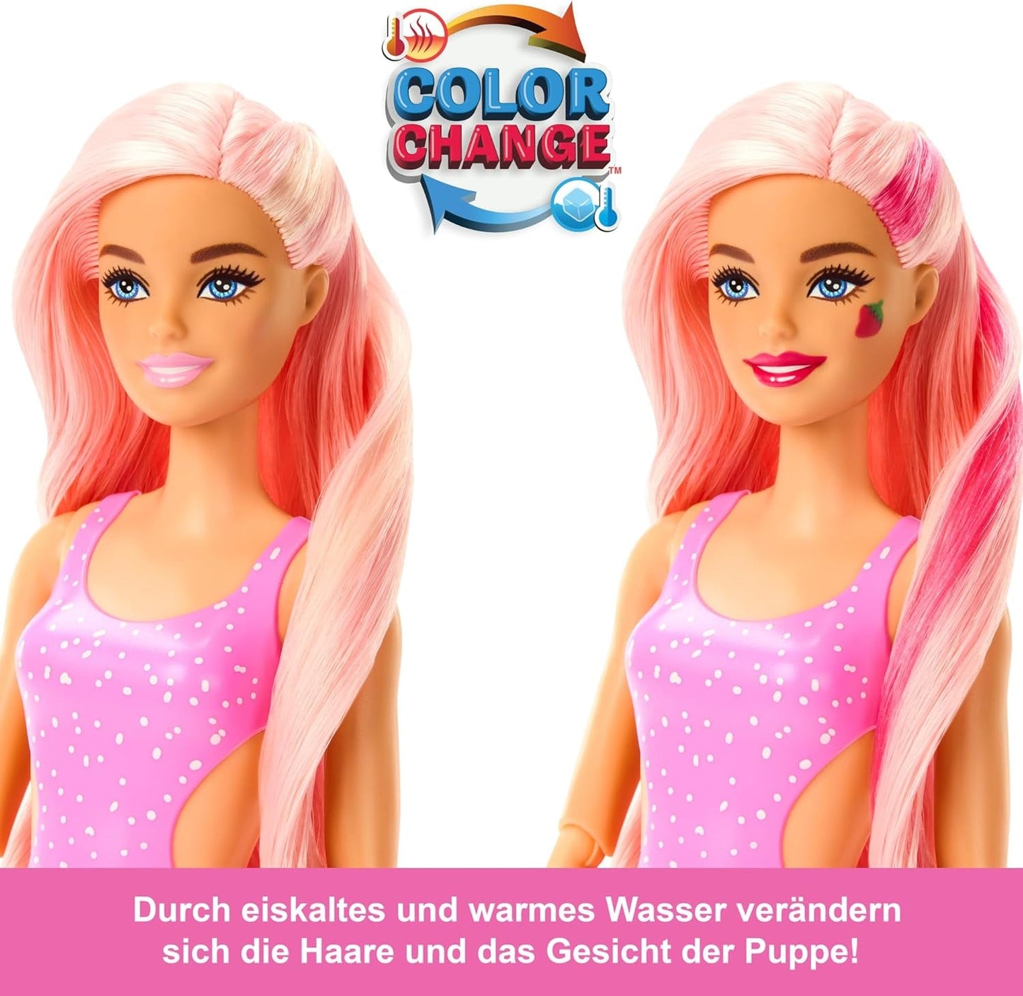 Barbie Pop Reveal Fruit - Överraskande dockor med 8 fruktiga överraskningar, inklusive en positionerbar docka med jordgubbssaft och en fluffig valp i åldern 3+, HNW41