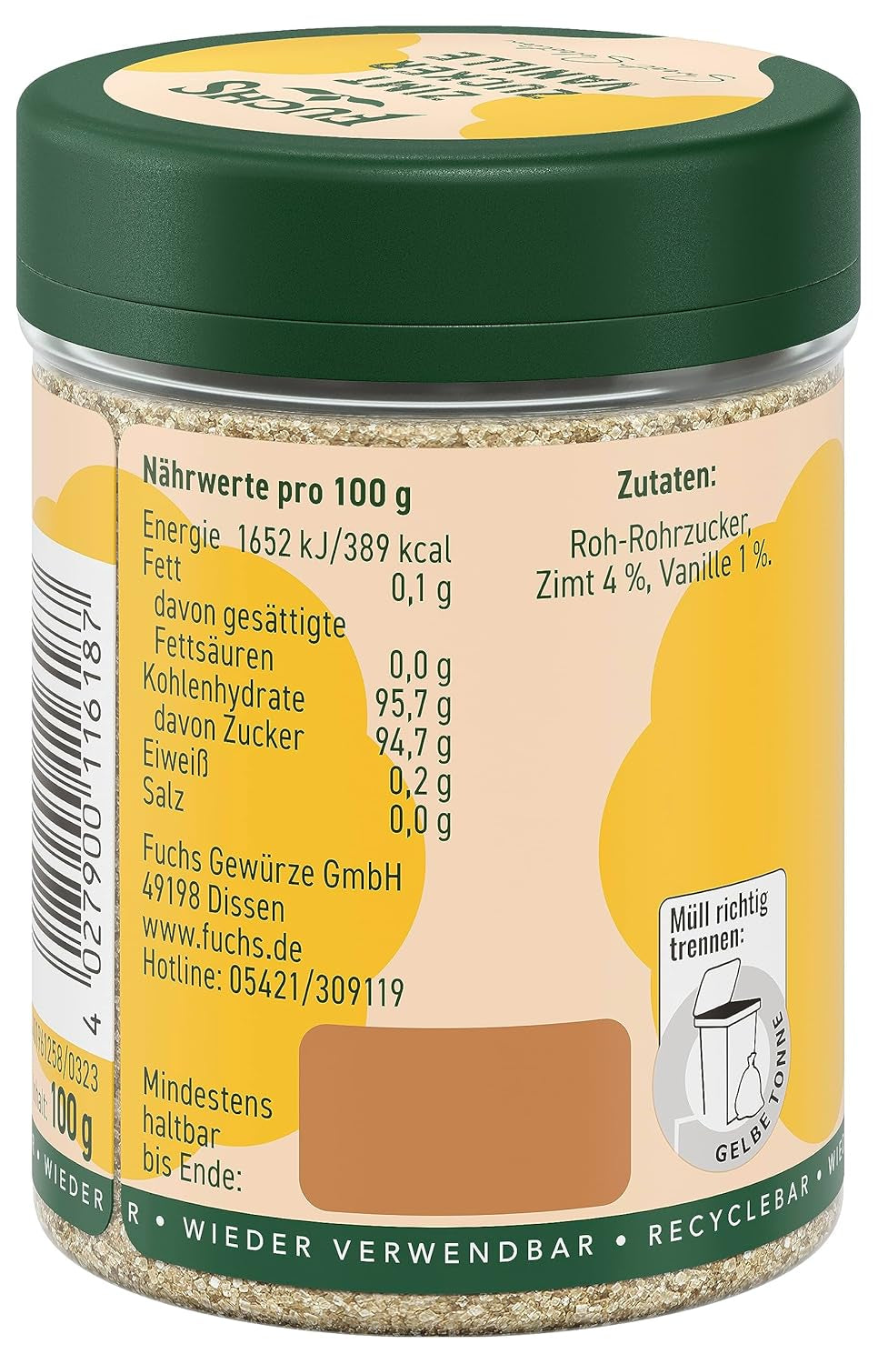 Fuchs Gewürze - Zimt Zucker Vanille - Gewürz zum Versüßen von Wafeln, Milchgetränken eller Joghurt - aus natürliche Ingrediens - 100 g i wiederverwendbarer, recyclebarer Dos