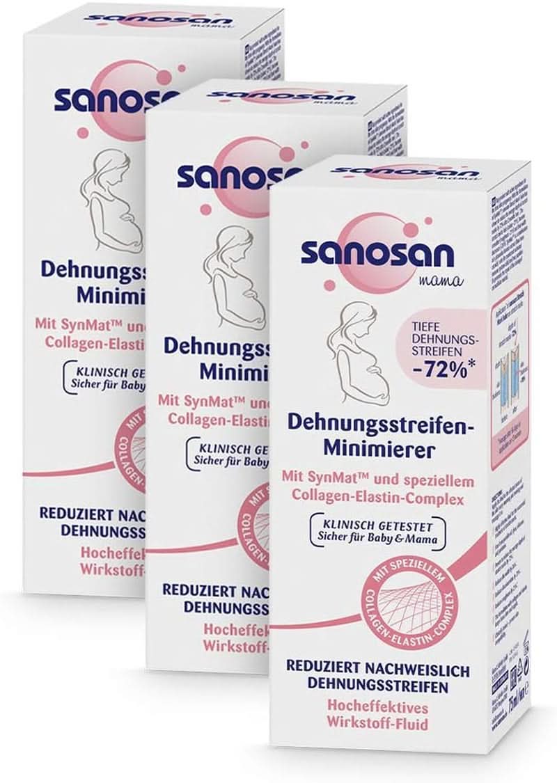 Sanosan Stretch Mark Minimiser, kliniskt testad - bevisat minska bristningar efter graviditet, utan paraffinolja, färgämnen, silikoner, 75 ml Kosmetika och skönhet Naty Shop 3 st.