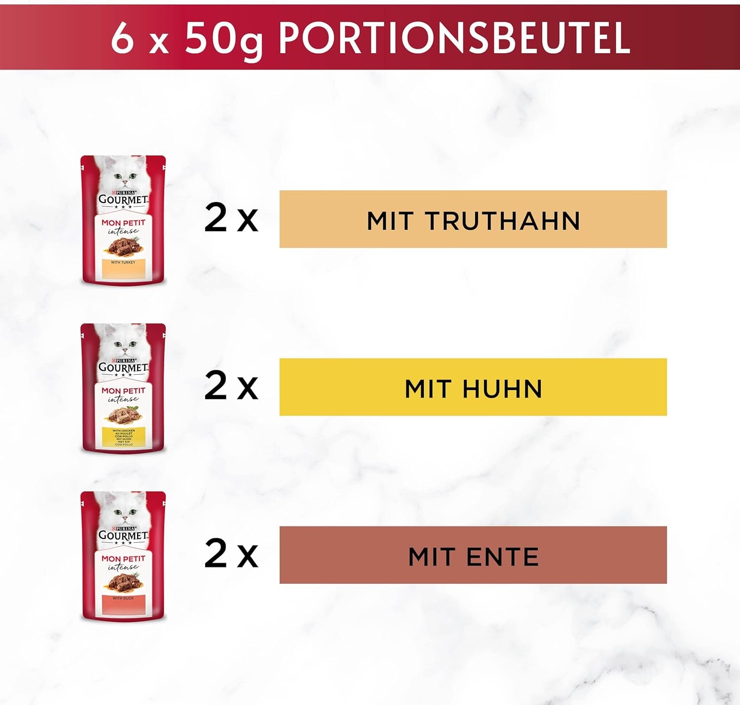 Gourmet Mon Petit Intense Wet Cat Food, fjäderfävariant, förpackning om 8 (8 x 6 påsar med 50 g vardera)