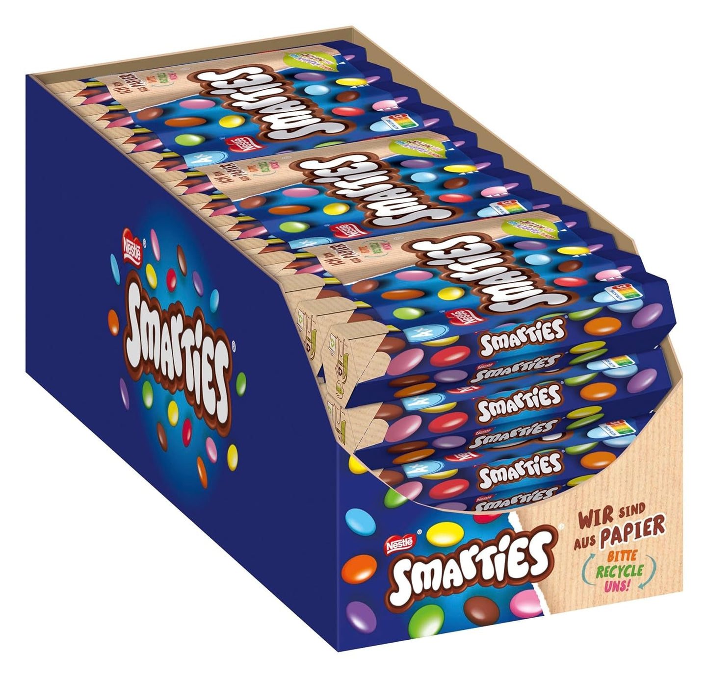 Nestlé SMARTIES Multipack, liten rulle, chokladfärgade linser, perfekt för barns födelsedagar, naturliga färger, sexkantig rulle, förpackning om 12 (12x (4 x 34g))