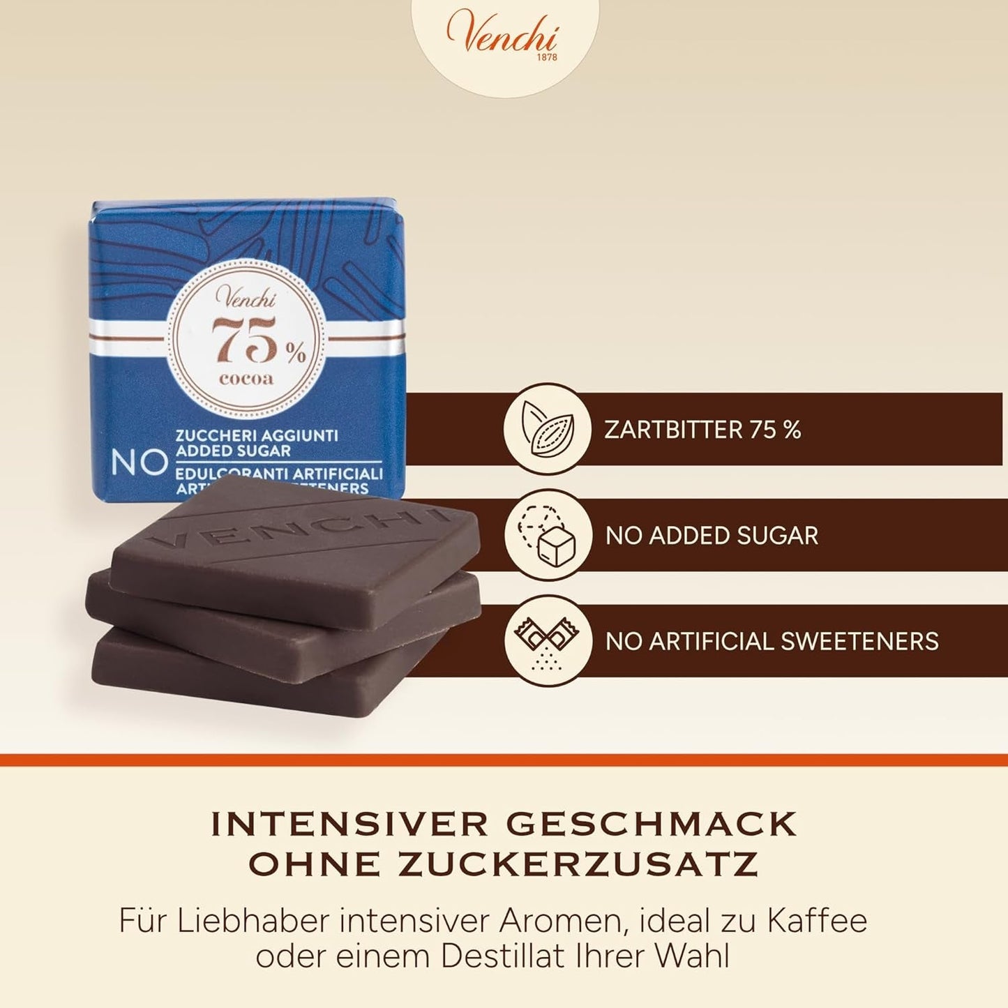 Venchi – Granblend Extra Black 75 % INGEN tillsatt socker, 1 kg – INGEN konstgjorda sötningsmedel – Glutenfri – Vegansk