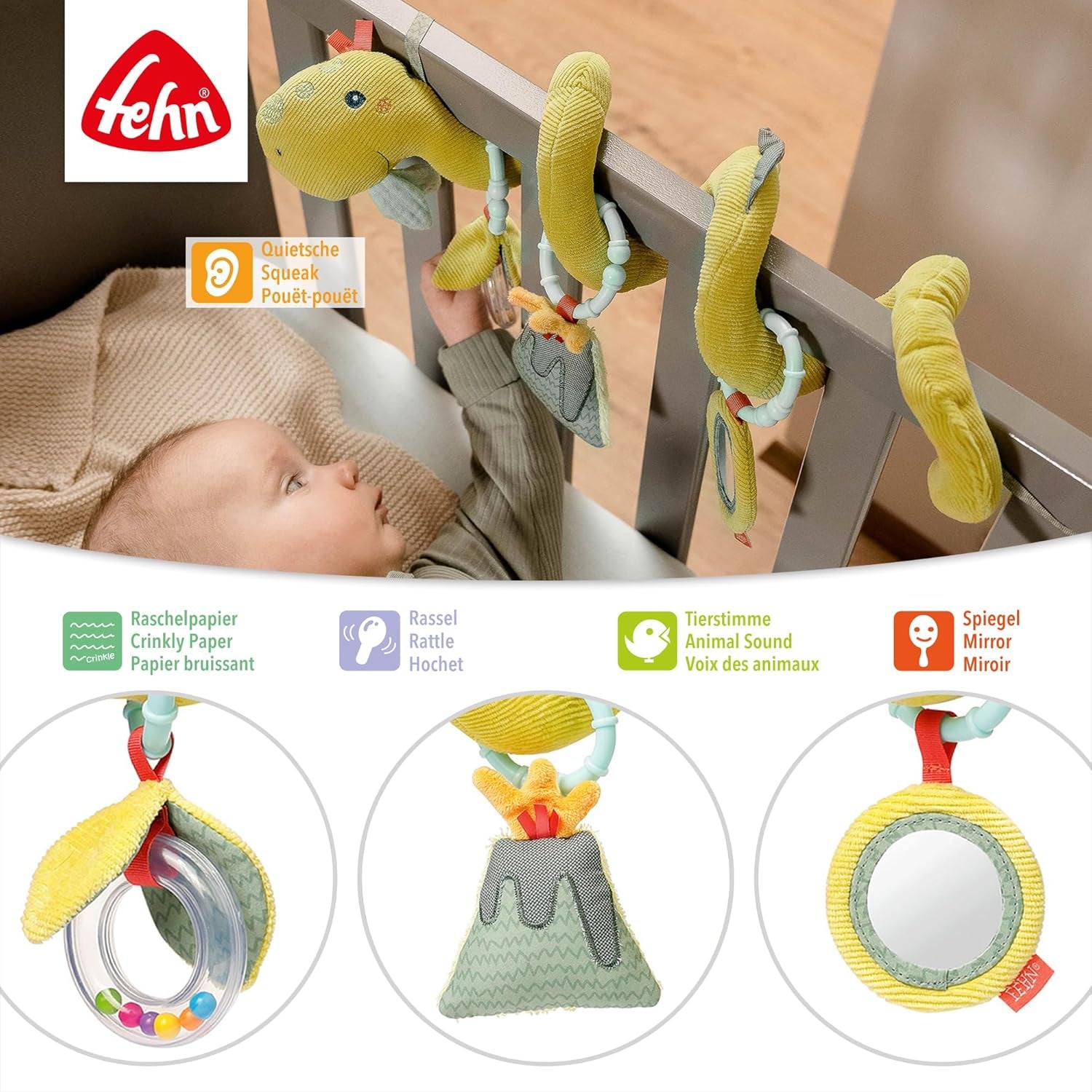 Fehn Activity Spiral Dino - push and pull barnvagnsleksak - babydinosaurieleksak för säng, lekplats, barnvagn och bilbarnstol - motoraktivitetsleksak för spädbarn och småbarn från 0+ månader Babyleksaker Naty Shop