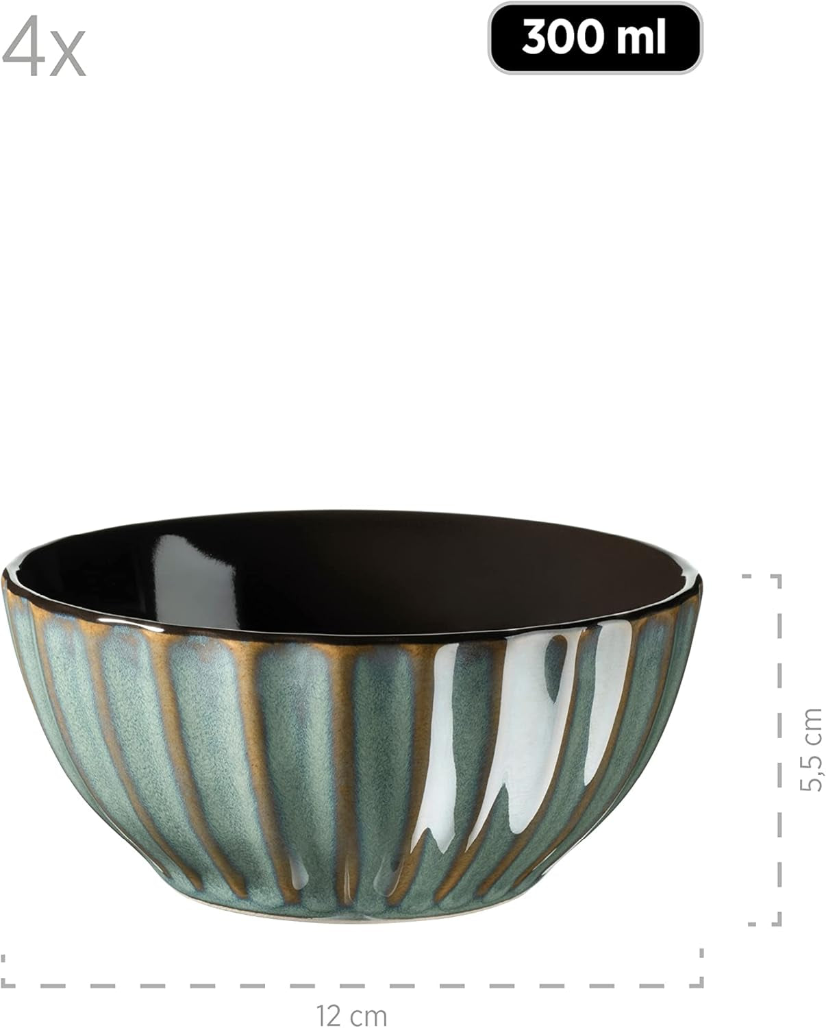 MÄSER 931966 Confino Series servisset för 4, modern vintagelook, keramiskt frukostset, 12-delat, bensinfärg med svarta accenter, stengods