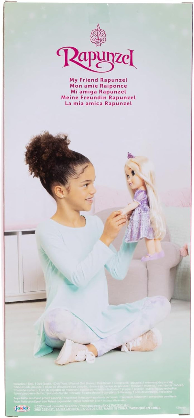 Disney Princess Rapunzel 35 cm docka, reflekterande glitterögon, rörliga leder, avtagbar klänning, skor, krona, långt blont hår, för tjejer 3+