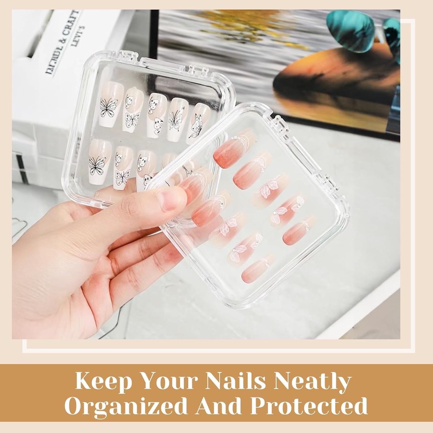 INMORVEN Nail Storage Box Set - 14 genomskinliga spiklådor + 1 stor ask och 60 självhäftande skivor - Idealisk för förvaring av lösnaglar, gelnageltillbehör och nagellack (14 stycken i ett lager)