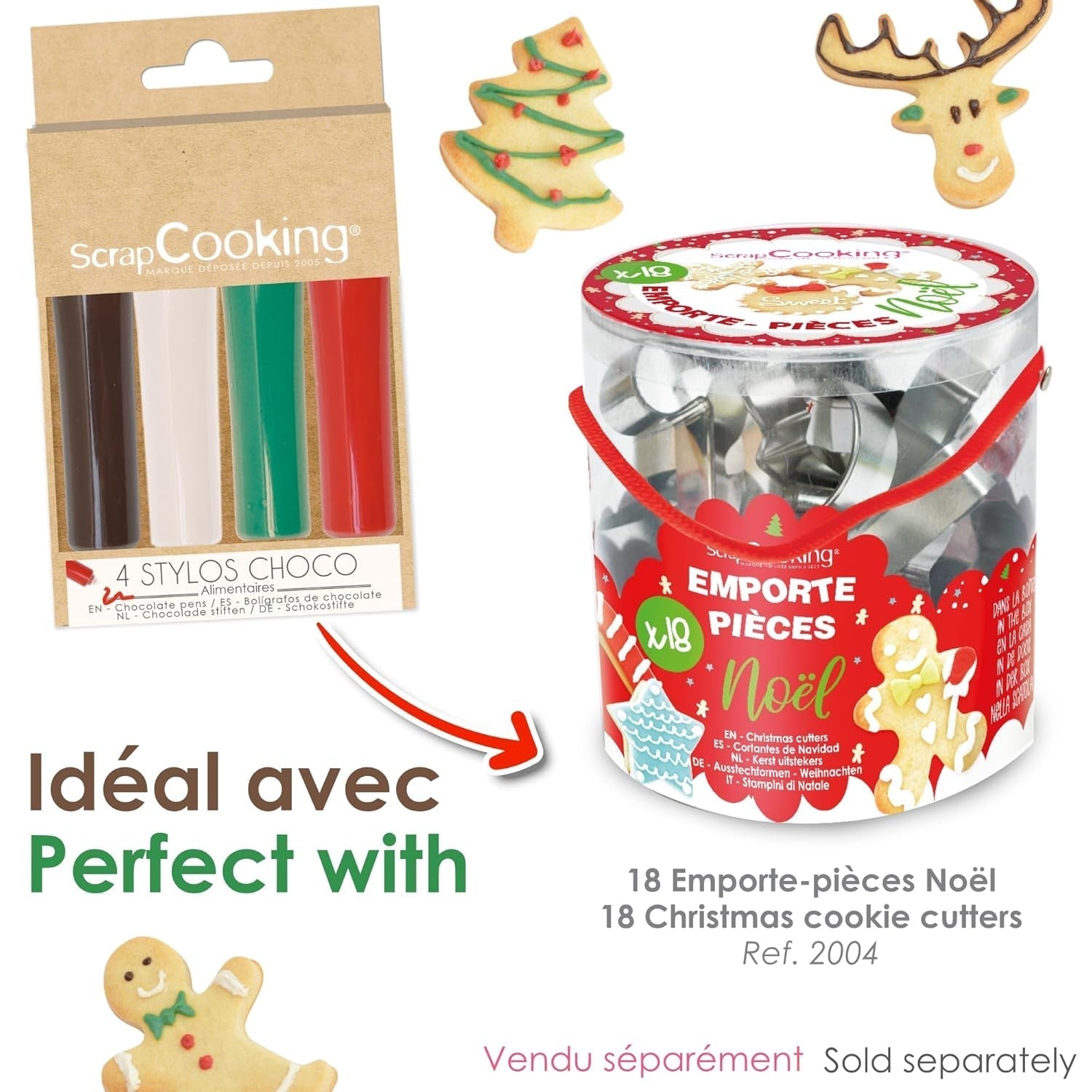 Scrapcooking - Set med 4 julchokladfärgade pennor - brun, vit, grön och röd - Ätlig färg - matfärg för att skriva - Skriv och rita på efterrätter, kakor och kakor - 7060