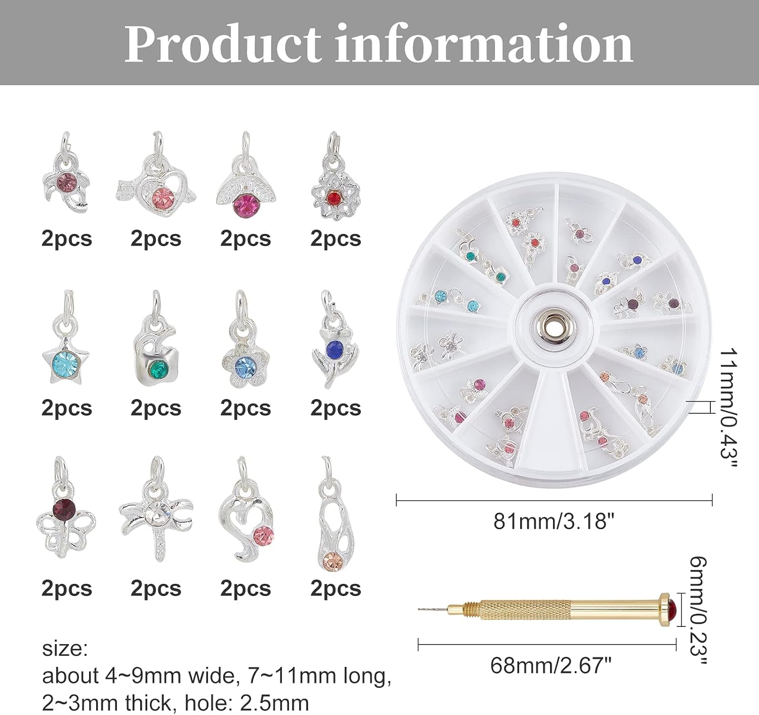 OLYCRAFT 24st Nagelschmuck Ringe Dangle Nail Art Zubehör Mit Nagelpiercing Tool Nagelbohrer Manueller Bohrer Aus Legierung Für Tips, Acryl, Gele Und Dekorationen