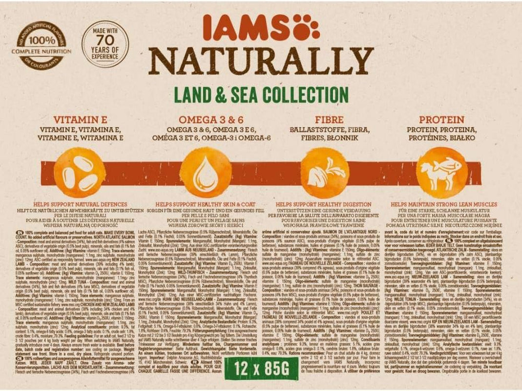 IAMS Natural Wet Cat Food i sås - Högkvalitativt kött och fisk våtfoder för vuxna katter, Land & Sea Collection, 12 x 85g