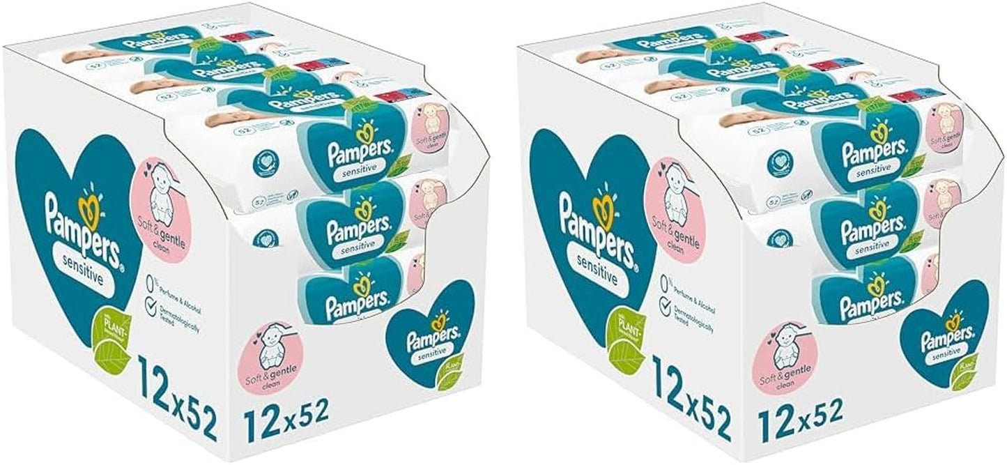 Pampers Sensitive Baby Wipes, 624 Wipes (12 x 52), Oparfymerade, för skonsam, skonsam rengöring (2-pack)