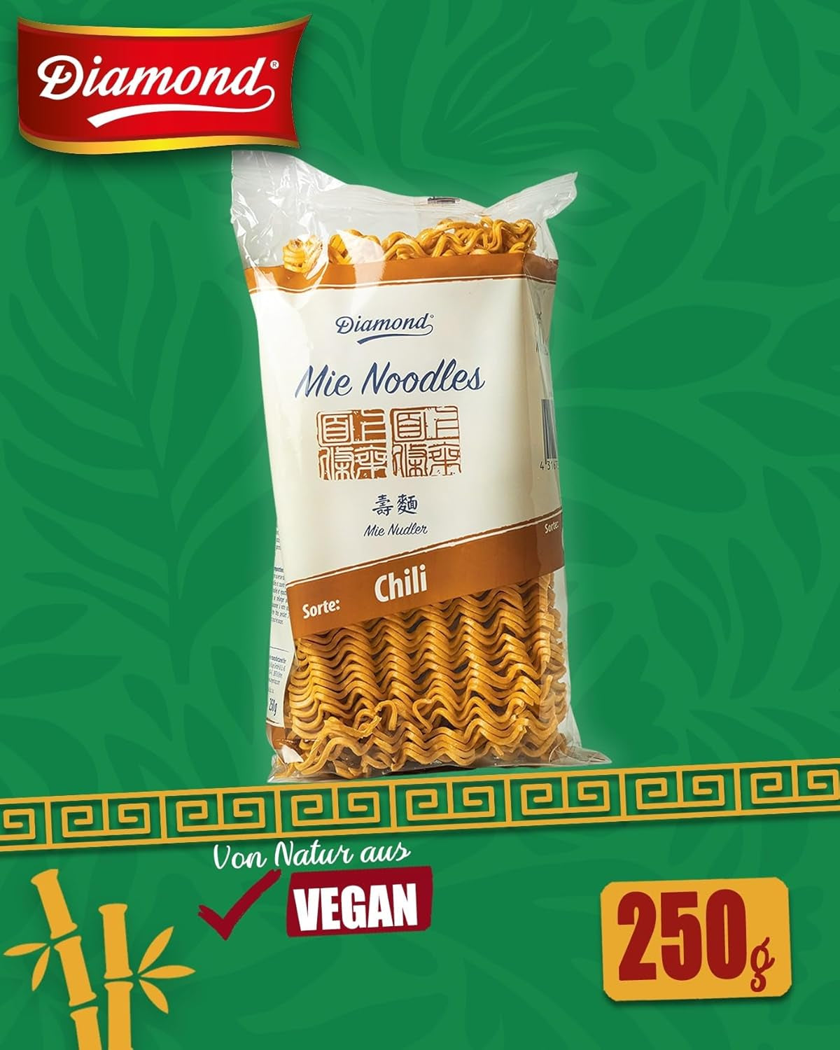 DIAMOND Mie Chili Nudlar, vetenudlar med chilipulver, äggfritt, snabbt och enkelt, vegetariskt - 1 x 250 g