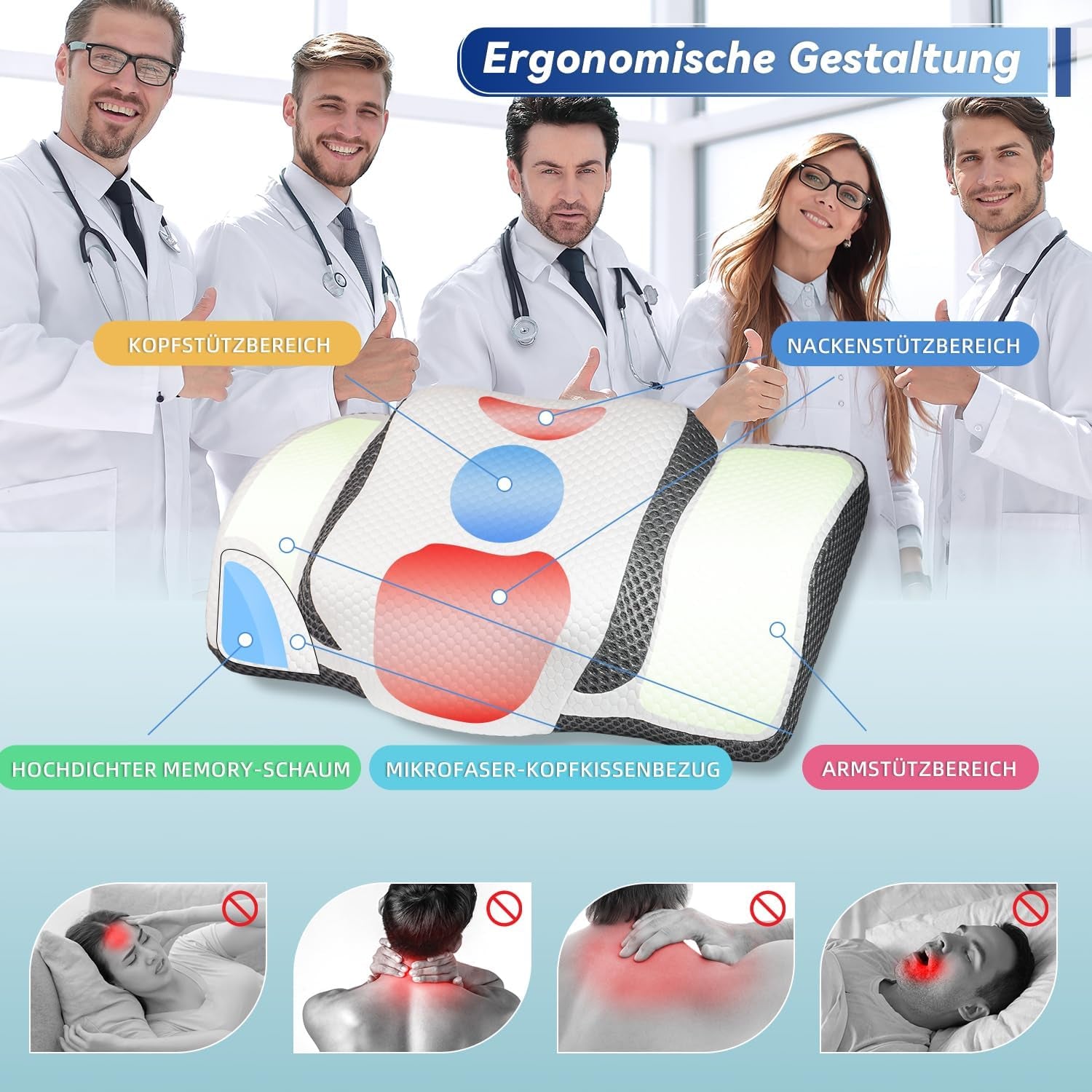 Ortopedisk kudde, ergonomisk nackkudde, huvudkudde, original kudde med memoryskum för sidor, rygg- och magstöd, nackstödskudde för män, kvinnor (67,3 X 38,2 X 13,8/3 cm) Cervikala ortopediska kuddar Naty Shop