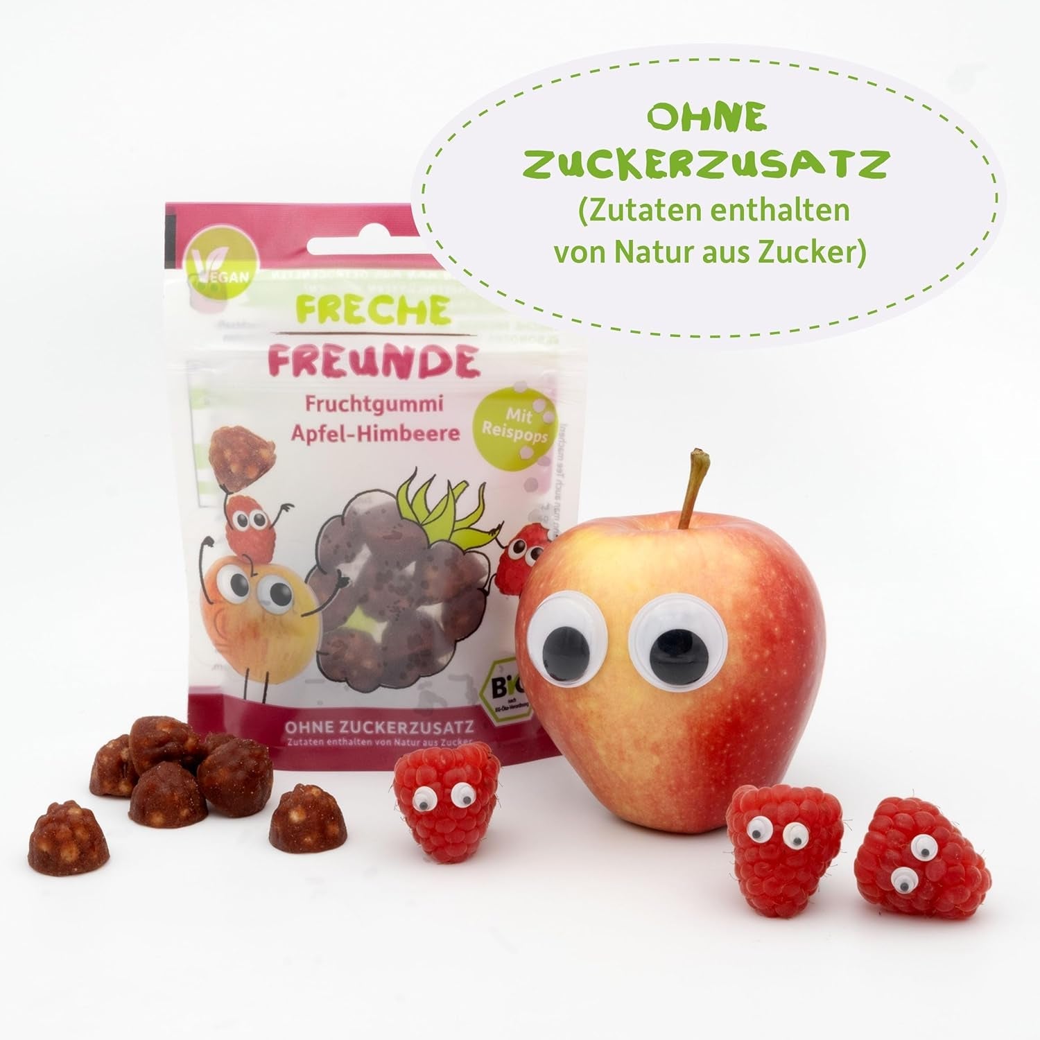 FRECHE FREUNDE Ekologiska fruktgeléer, äppel-, hallon- och risklubbor, fruktigt sött mellanmål för barn, glutenfritt, veganskt, paket med 20 (20 x 30 g)