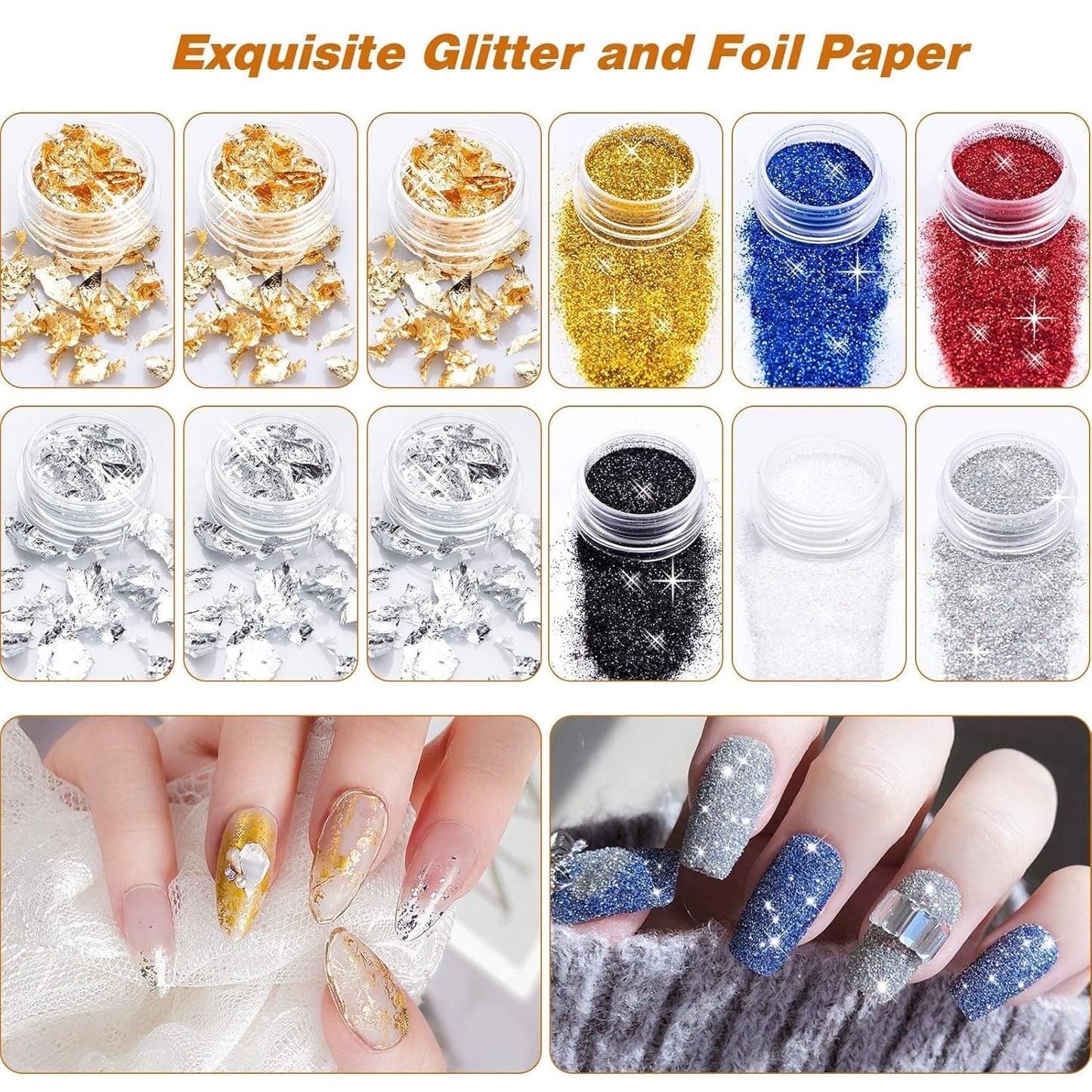 MELLIEX 45 Stück Nail Art Dekoration Zubehör Set, Nägel Pinsel Strasssteine ​​Glitzer Goldfolie Nageldesign Dotted Pen Streifenband Für Nagelkunst Maniküre Set