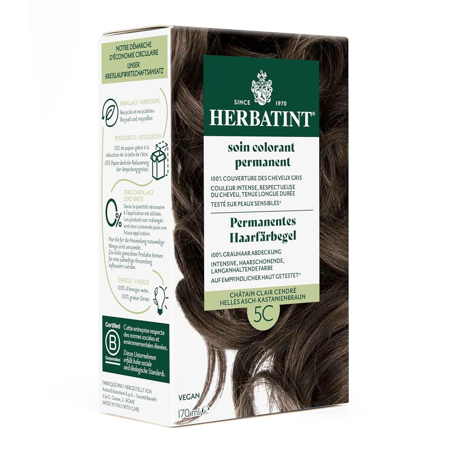Permanent hårfärgsgel 6N mörkblond - 170 ml I ammoniakfri, 100 % grått hår. Jag testade på känslig hud, med 8 växtextrakt Naty Shop Hårfärg 5C ljus ask - kastanjebrun