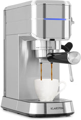 Klarstein Futura Espressomaskin, Portable Filter Espresso Machine, 1450 W, 20 bar, Barista Quality, Dubbelmunstycke, Flow Stop, Portable Filter Espresso Machine, Mjölkskummare Funktion, Silver