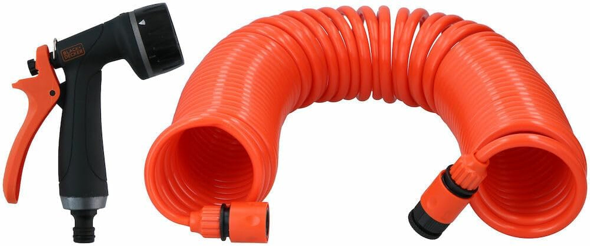 BLACK+DECKER Spiralslang 15M - Trädgårdsslang inklusive trädgårdsspruta och 1/2" kopplingar - Plast - Orange/Svart