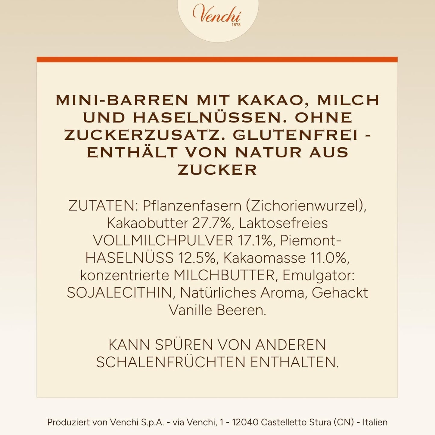 Venchi - Chokladkakor med mjölk och hasselnötter - 70 % socker - Praliner med PGI Piemonte hela hasselnötter, 1 kg - Glutenfri