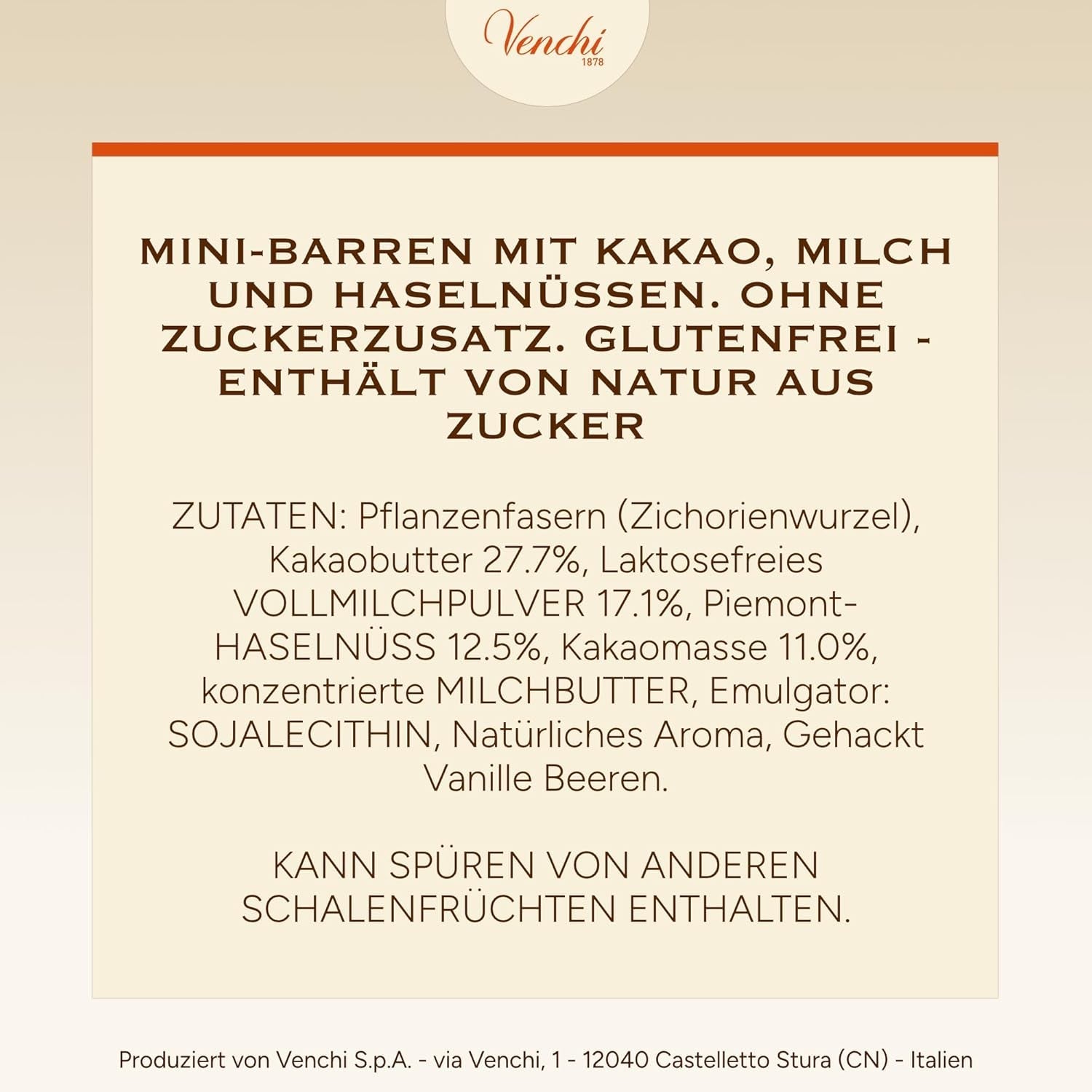 Venchi - Chokladkakor med mjölk och hasselnötter - 70 % socker - Praliner med PGI Piemonte hela hasselnötter, 1 kg - Glutenfri